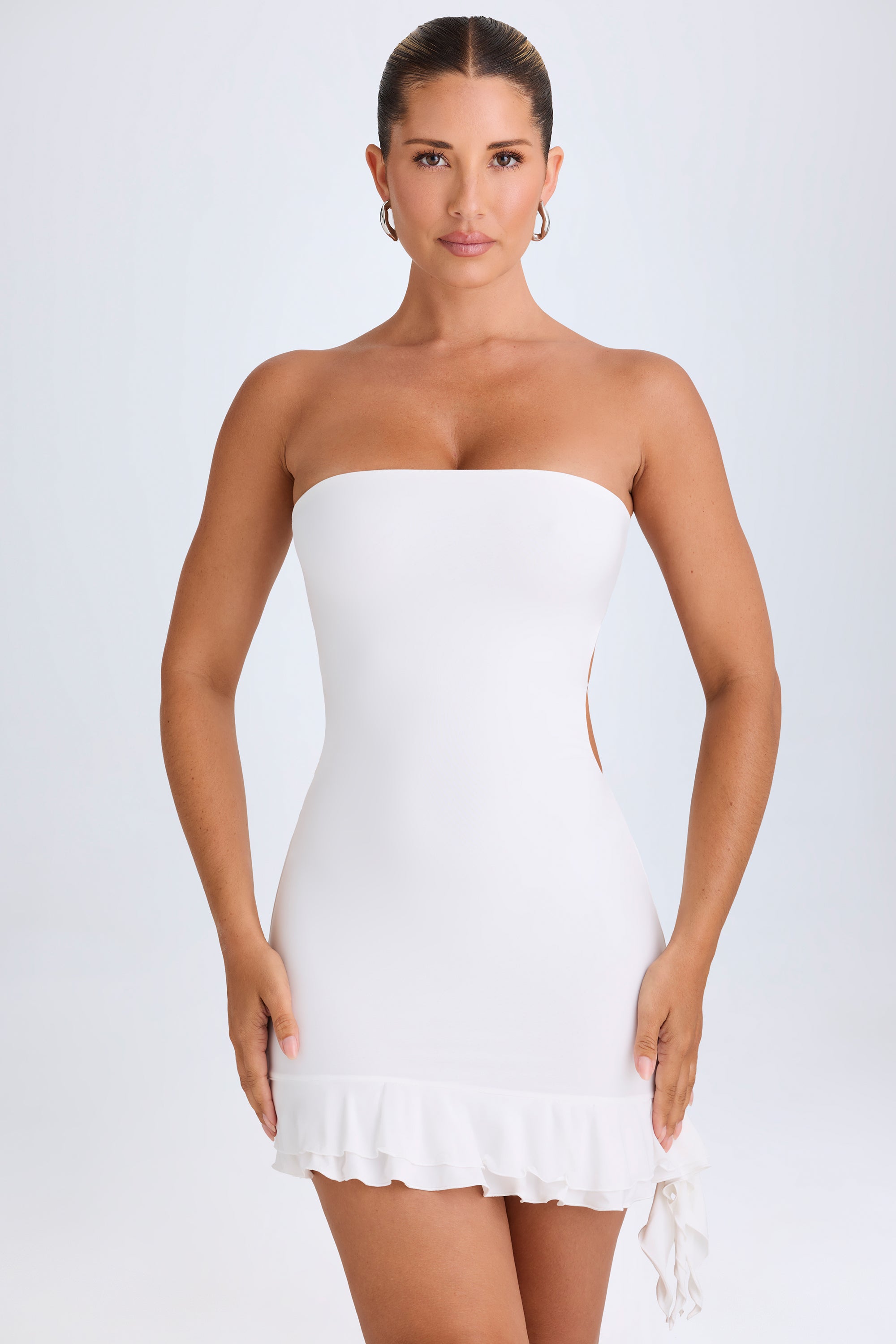 Ruffle-Trim Cut-Out Bandeau Mini Dress in White - 1