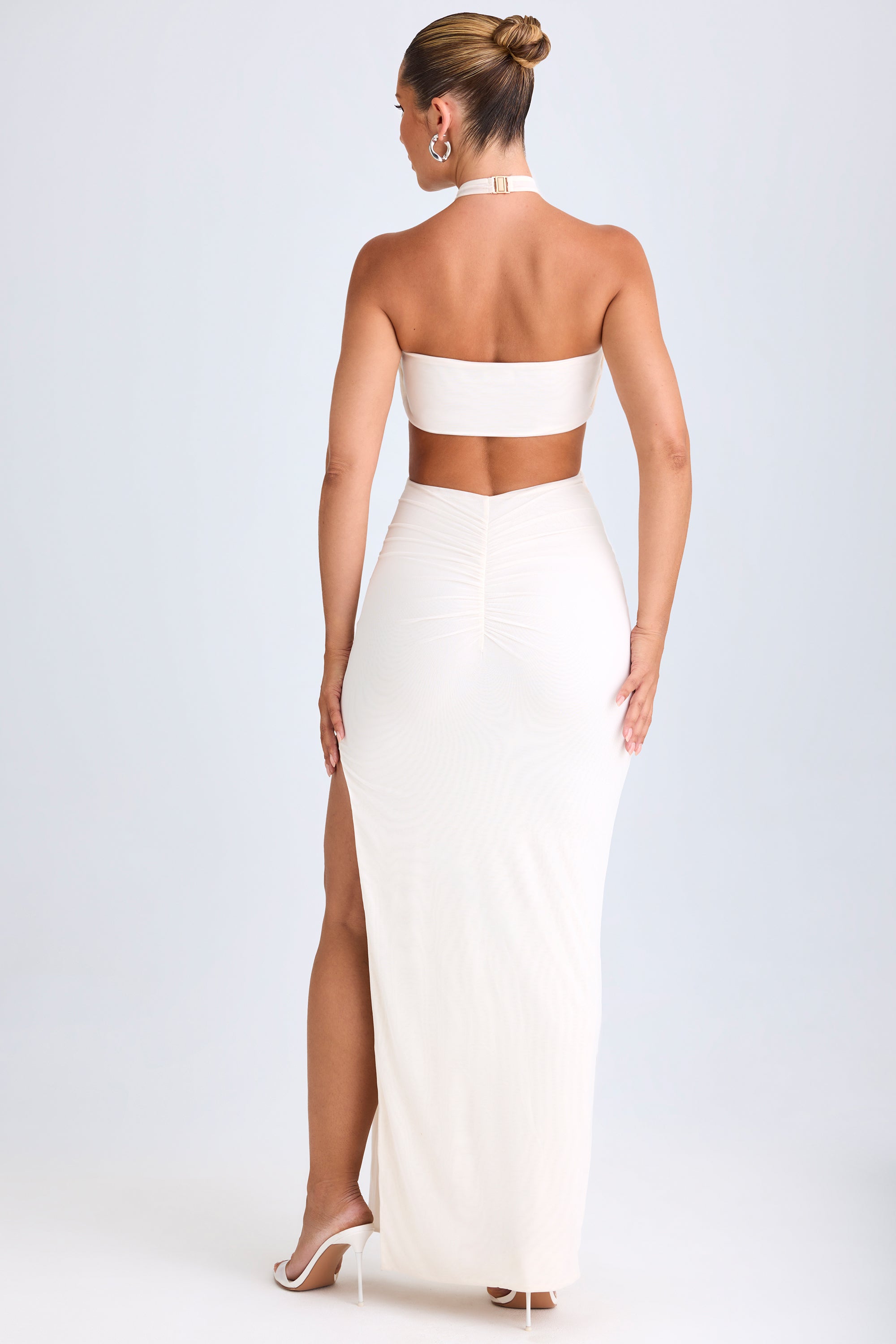 Cut-Out Ruched Halterneck Maxi Dress in White - 2