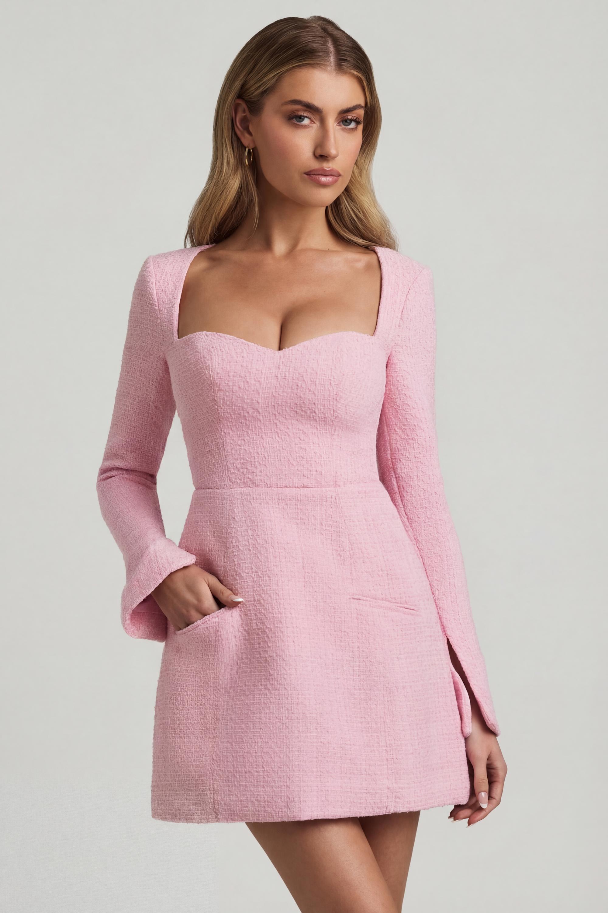 Sweetheart-Neck Structured Mini Dress in Soft Pink - 1