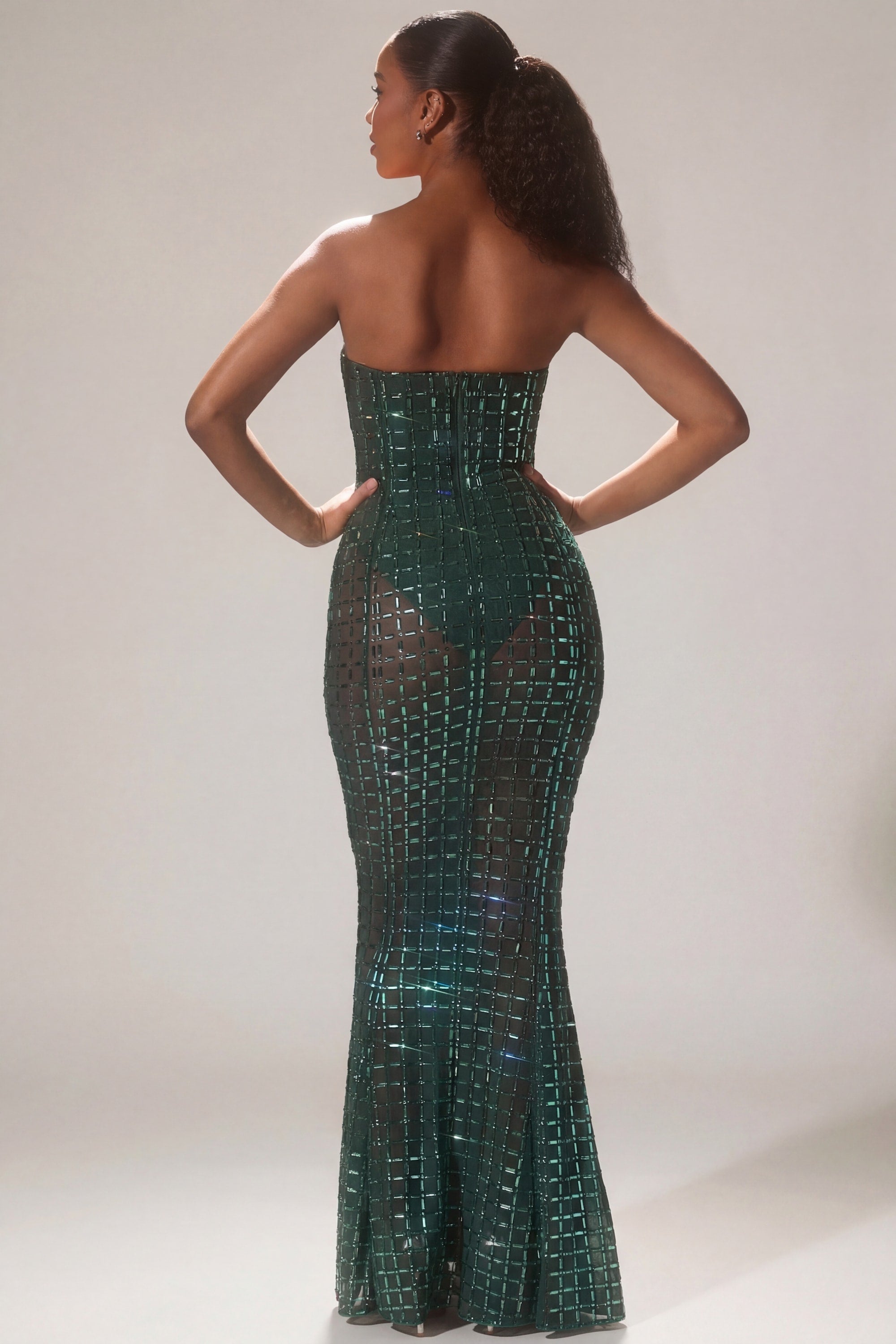 Embellished Strapless Gown in Emerald Green - 2
