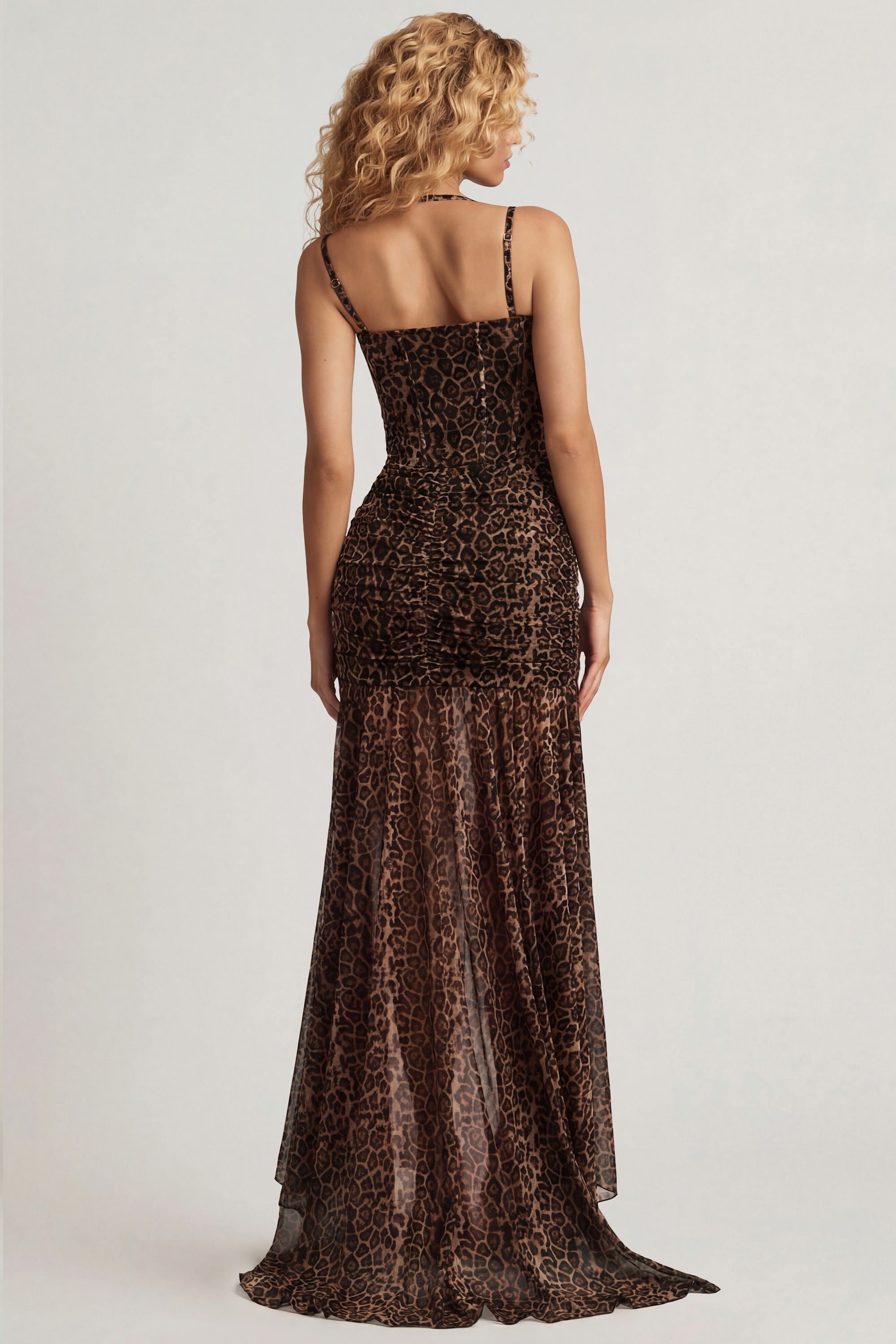 Ruched Asymmetric Corset Gown in Leopard Print - 2