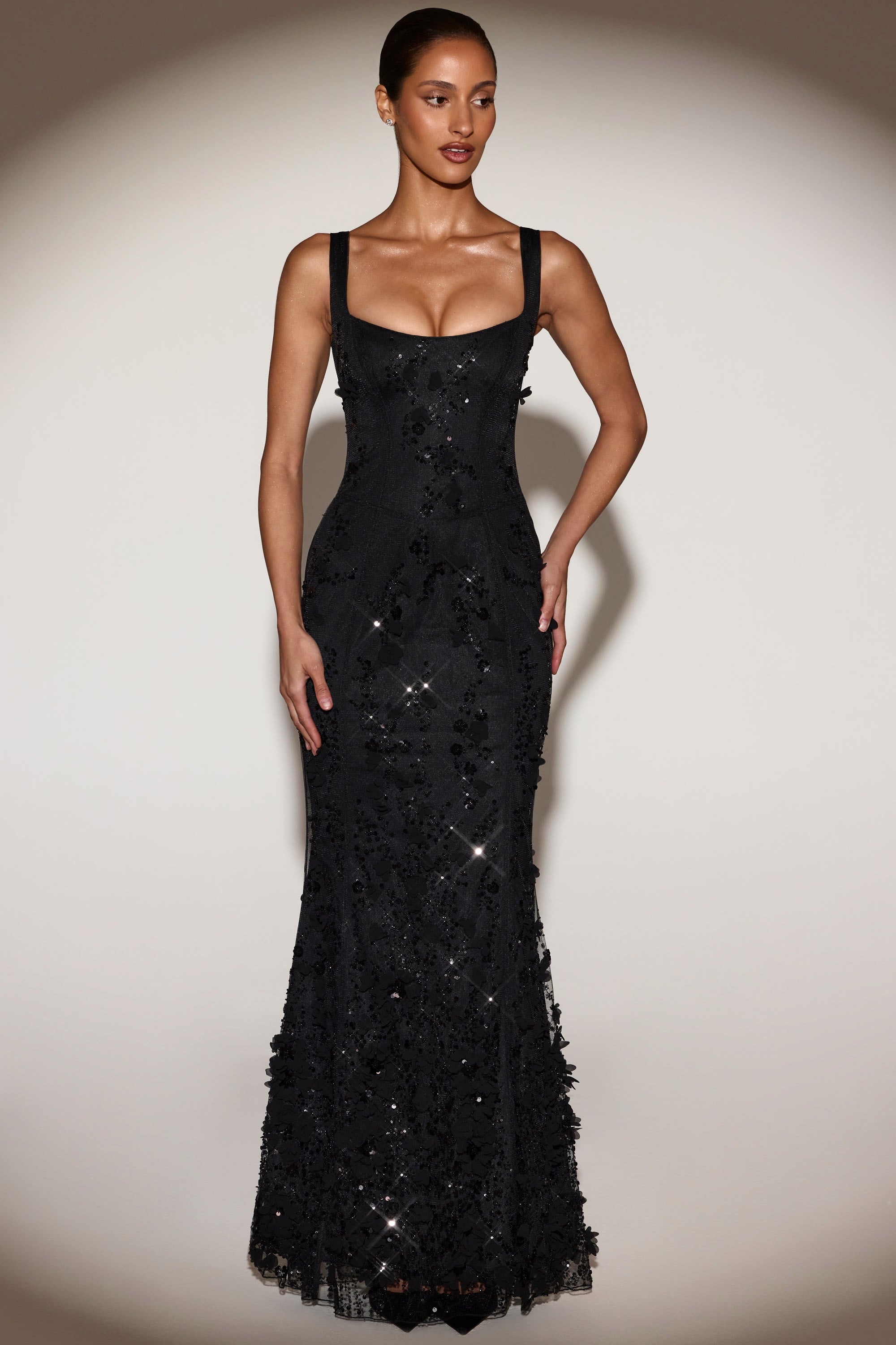Embellished Appliqué Soft-Scoop Corset Gown in Black - 1