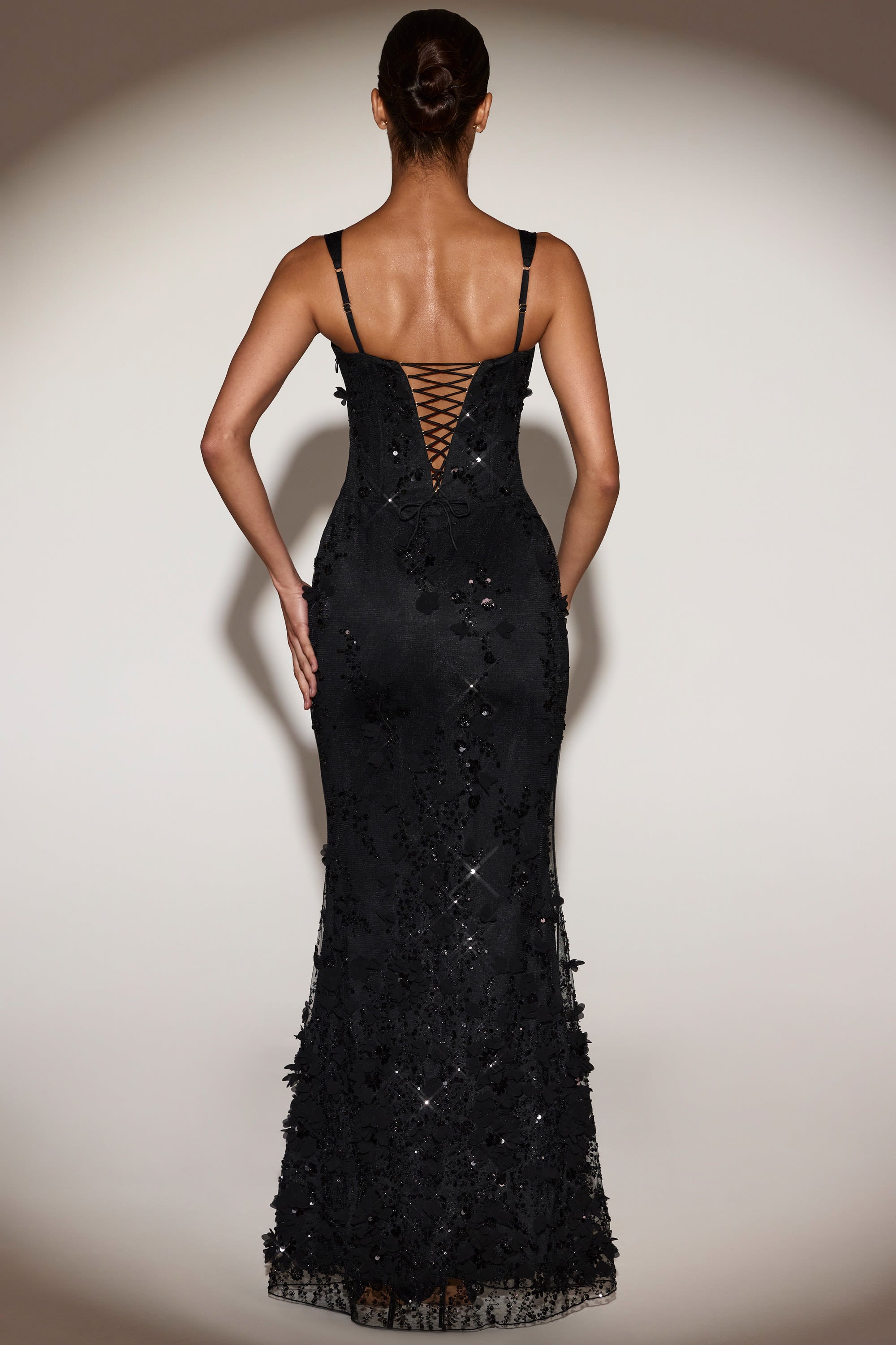 Embellished Appliqué Soft-Scoop Corset Gown in Black - 2