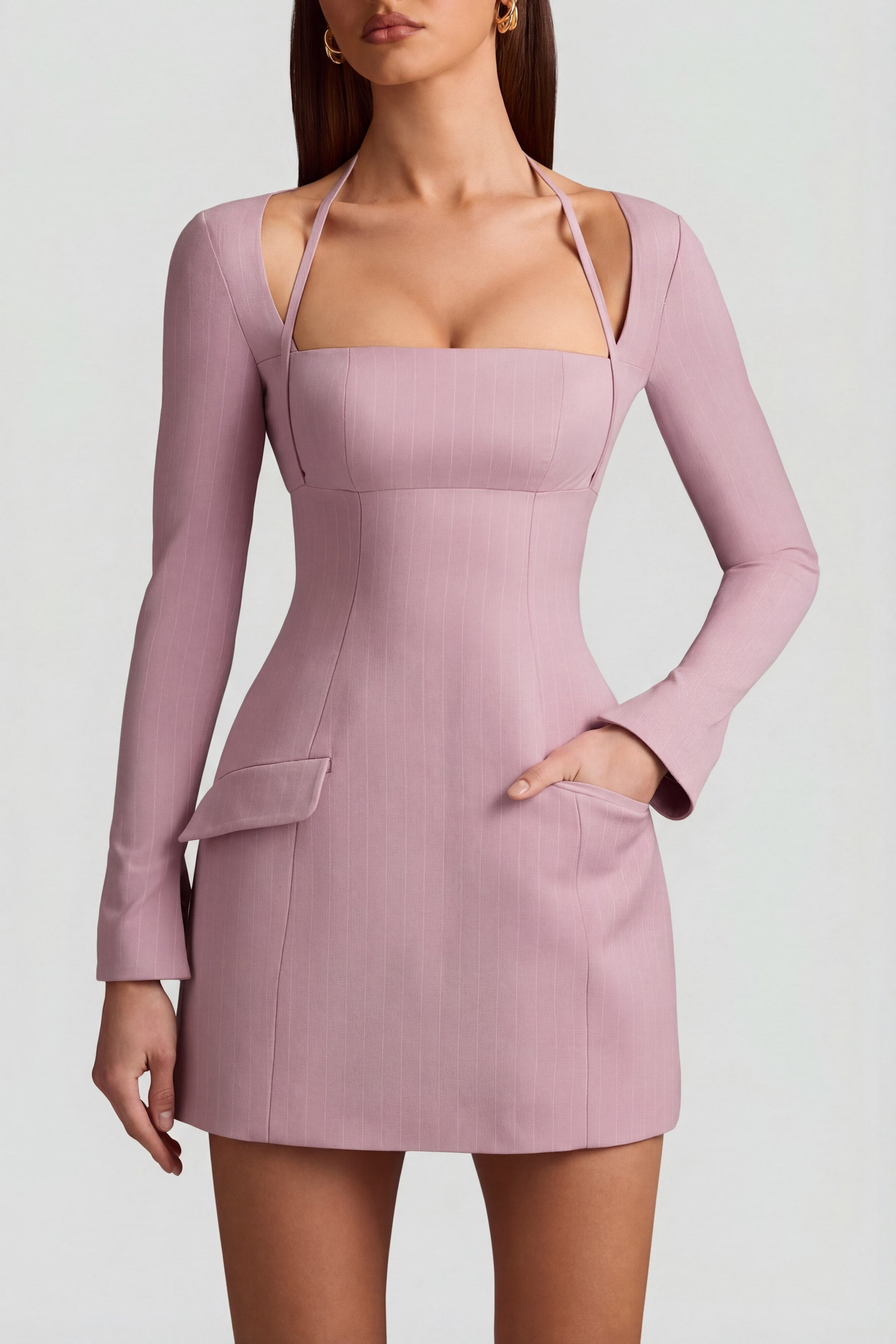 Pinstripe Structured A-Line Mini Dress in Mauve - 2