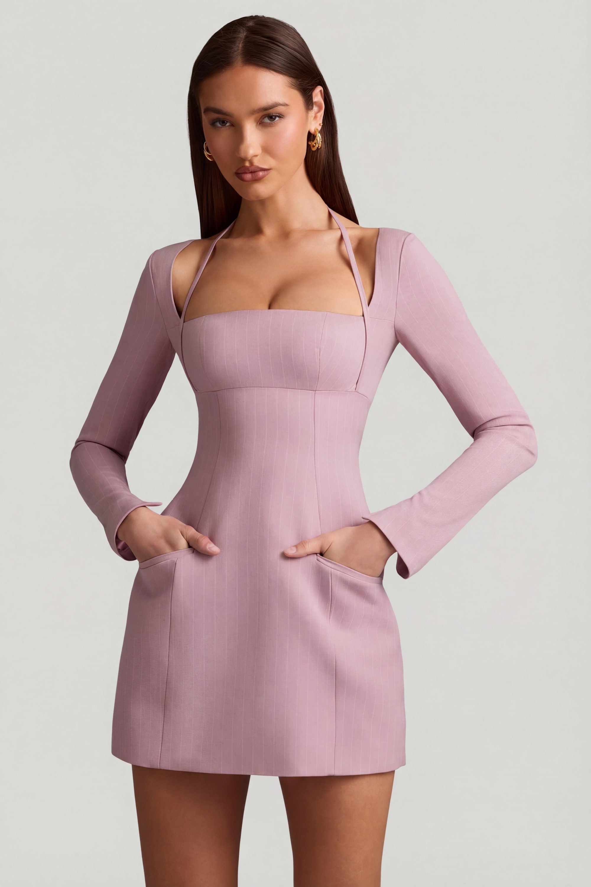 Pinstripe Structured A-Line Mini Dress in Mauve - 1