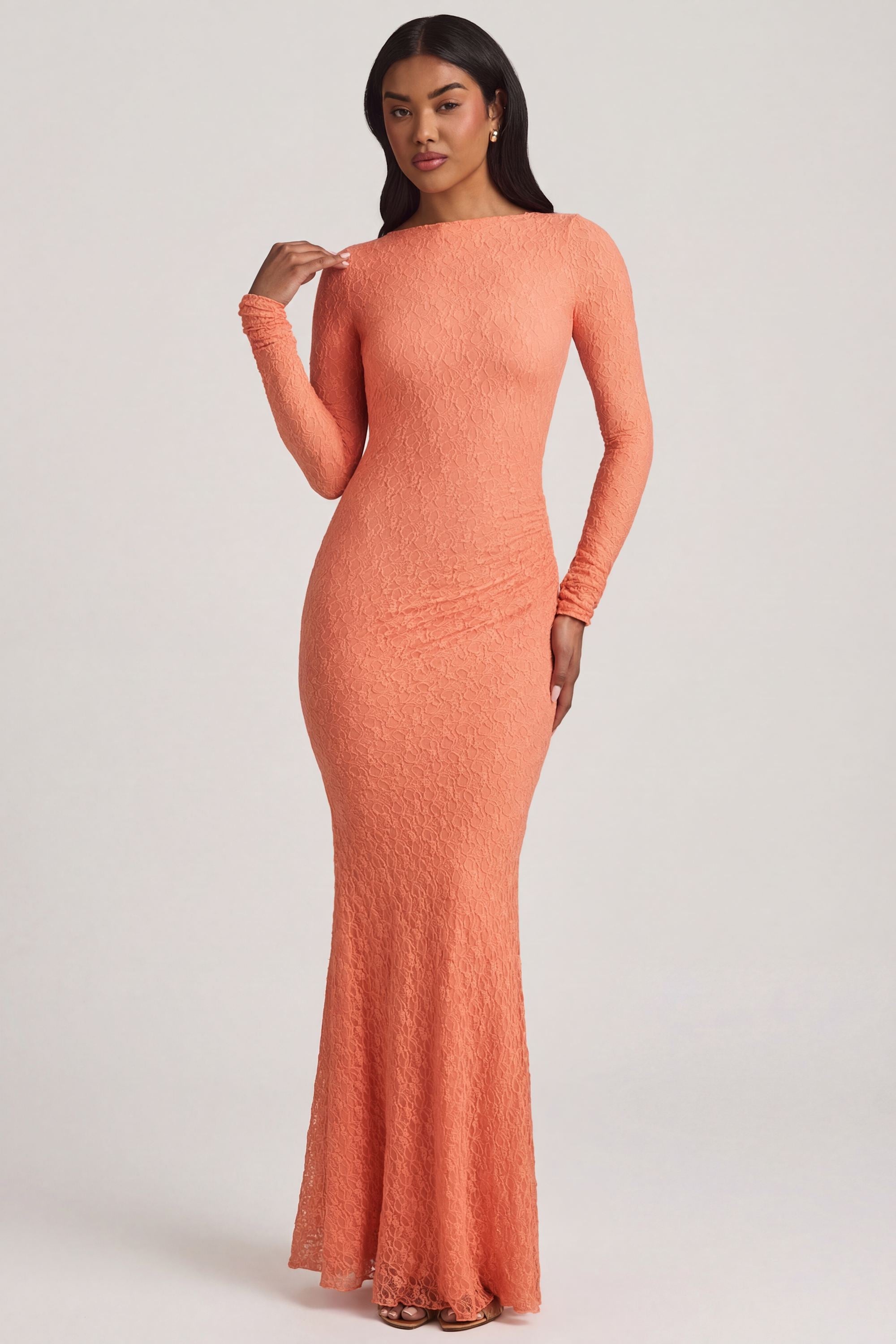 Ruched Backless Lace Maxi Dress in Peach - 2