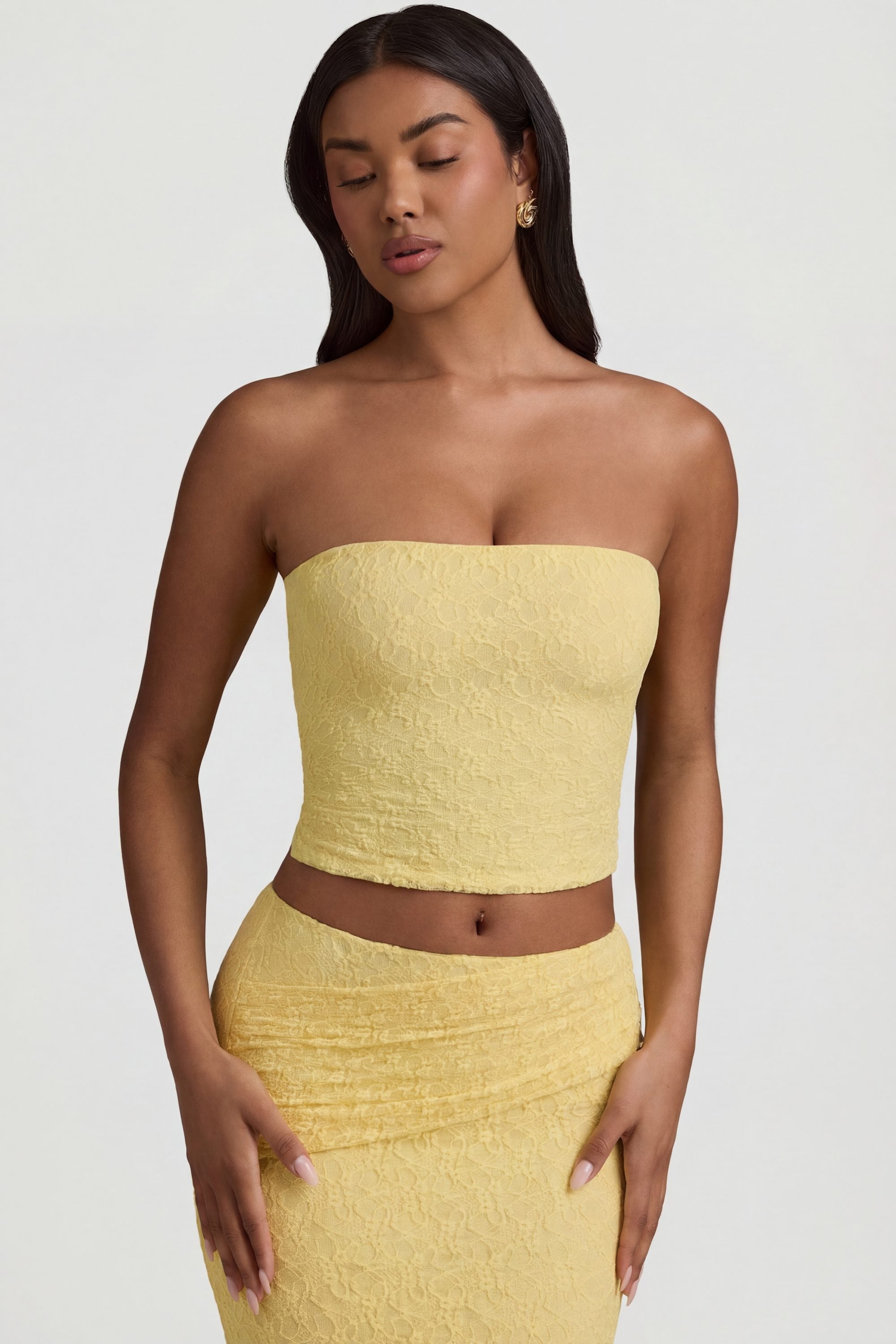 Ruched Strapless Lace Top in Pastel Yellow - 1