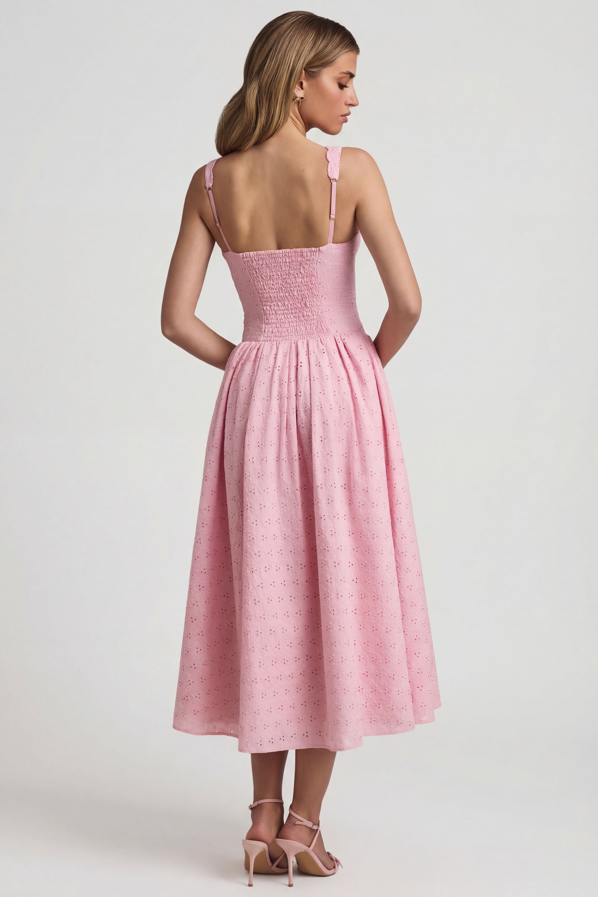 Broderie Anglaise Bow-Detail A-Line Midaxi Dress in Soft Pink - 2