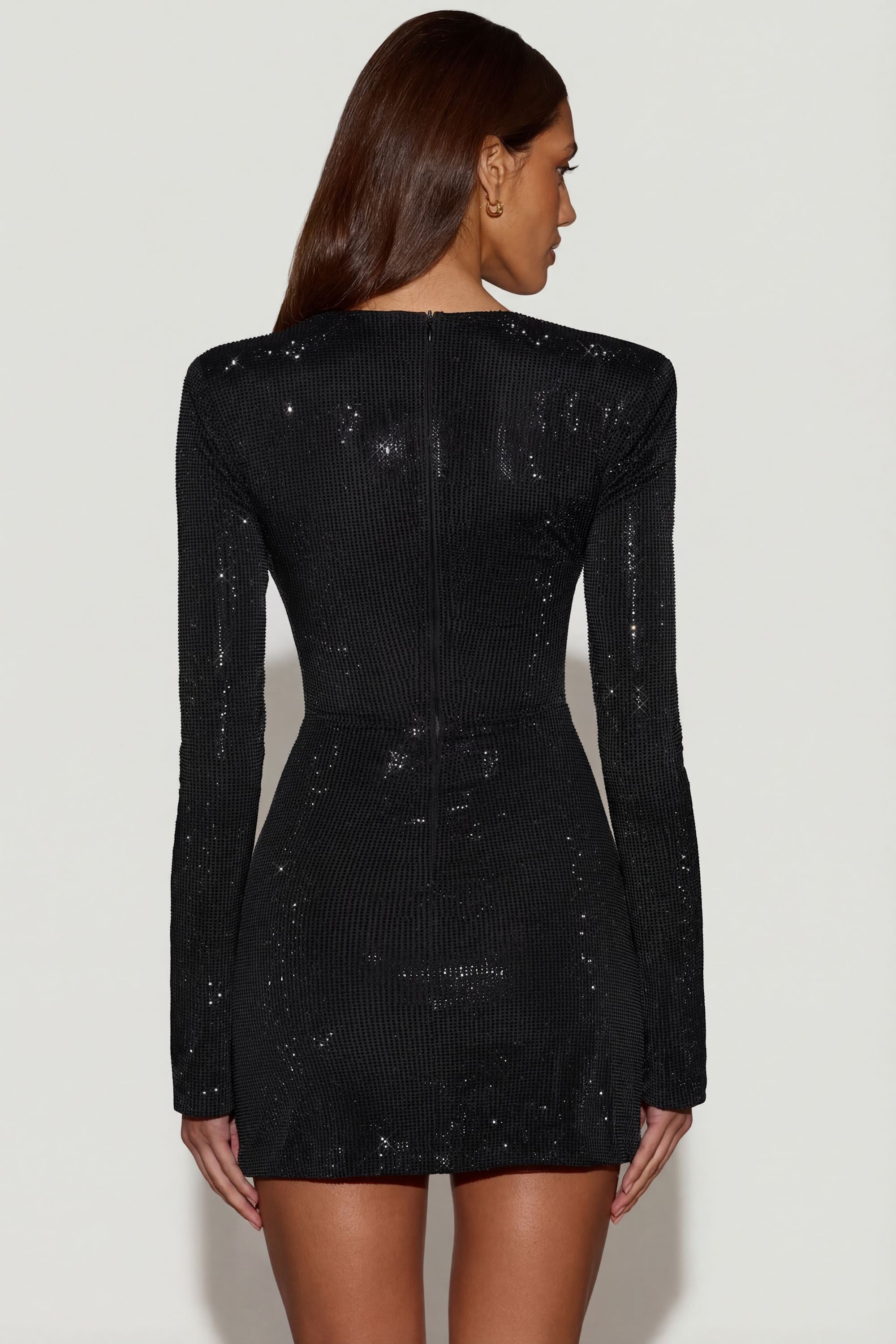 Embellished Asymmetric Bodycon Mini Dress in Black - 2