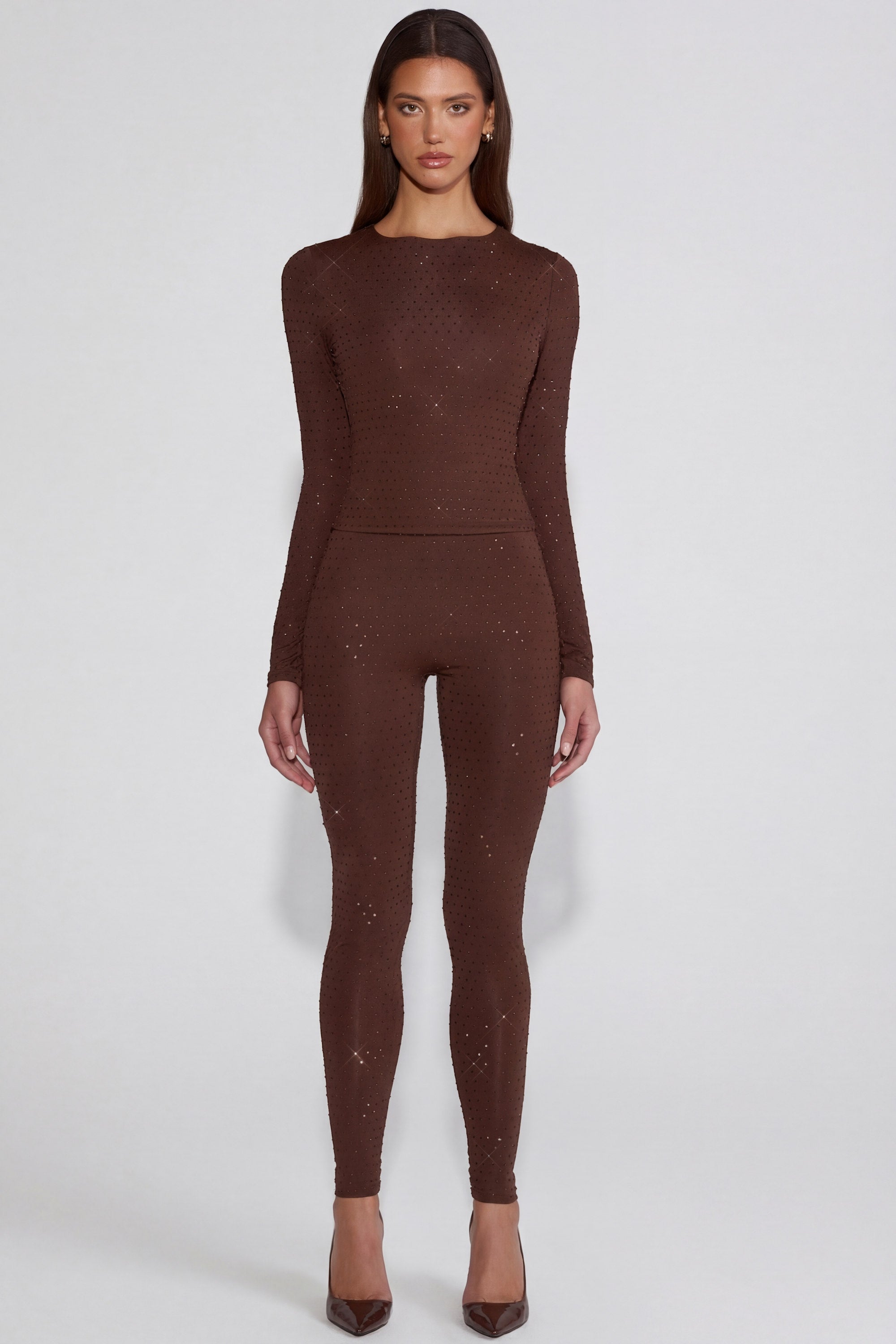 Embellished Jersey High-Waisted Leggings in Chocolate Brown - 1