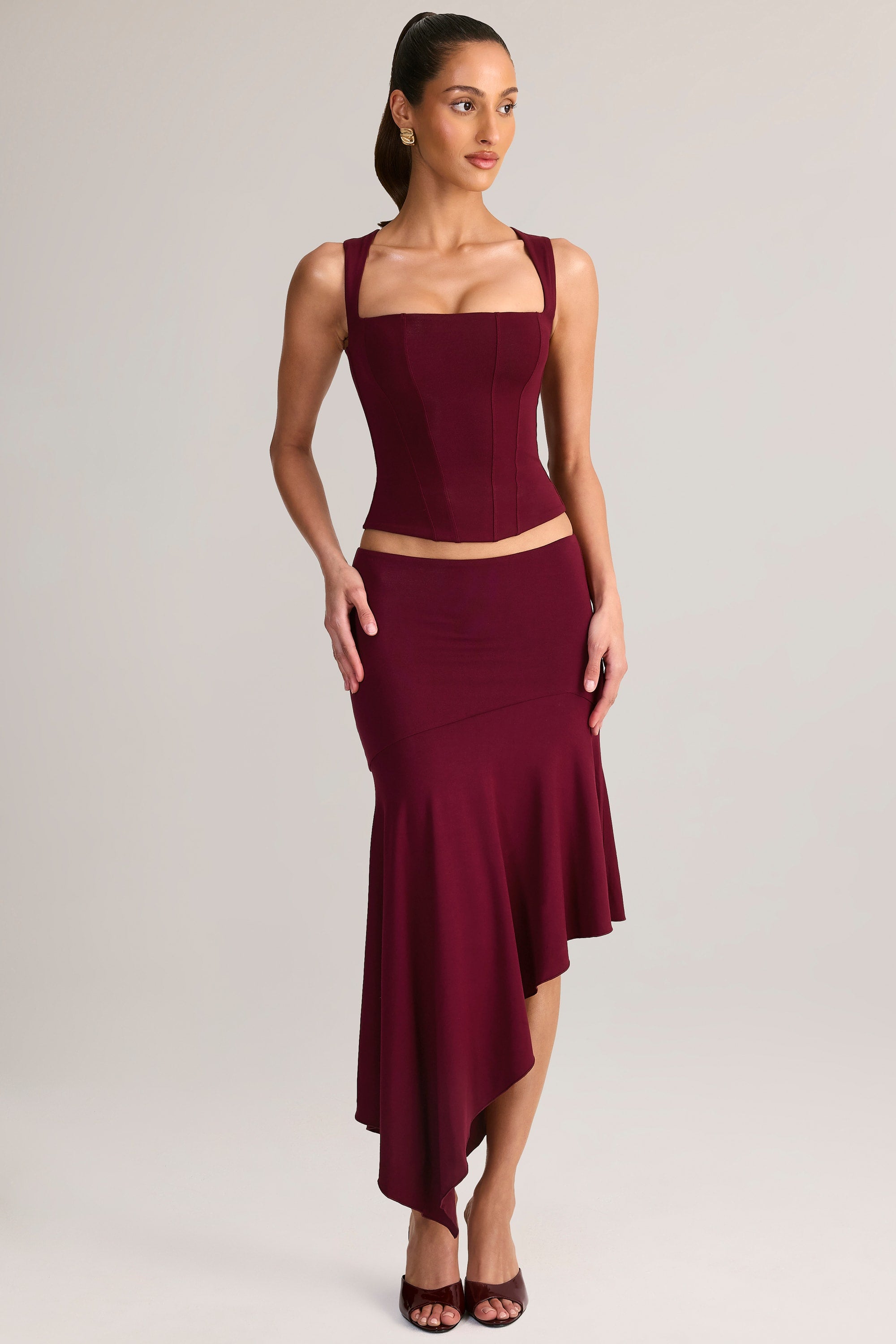 Modal Low-Rise Asymmetric Midaxi Skirt in Wine - 1