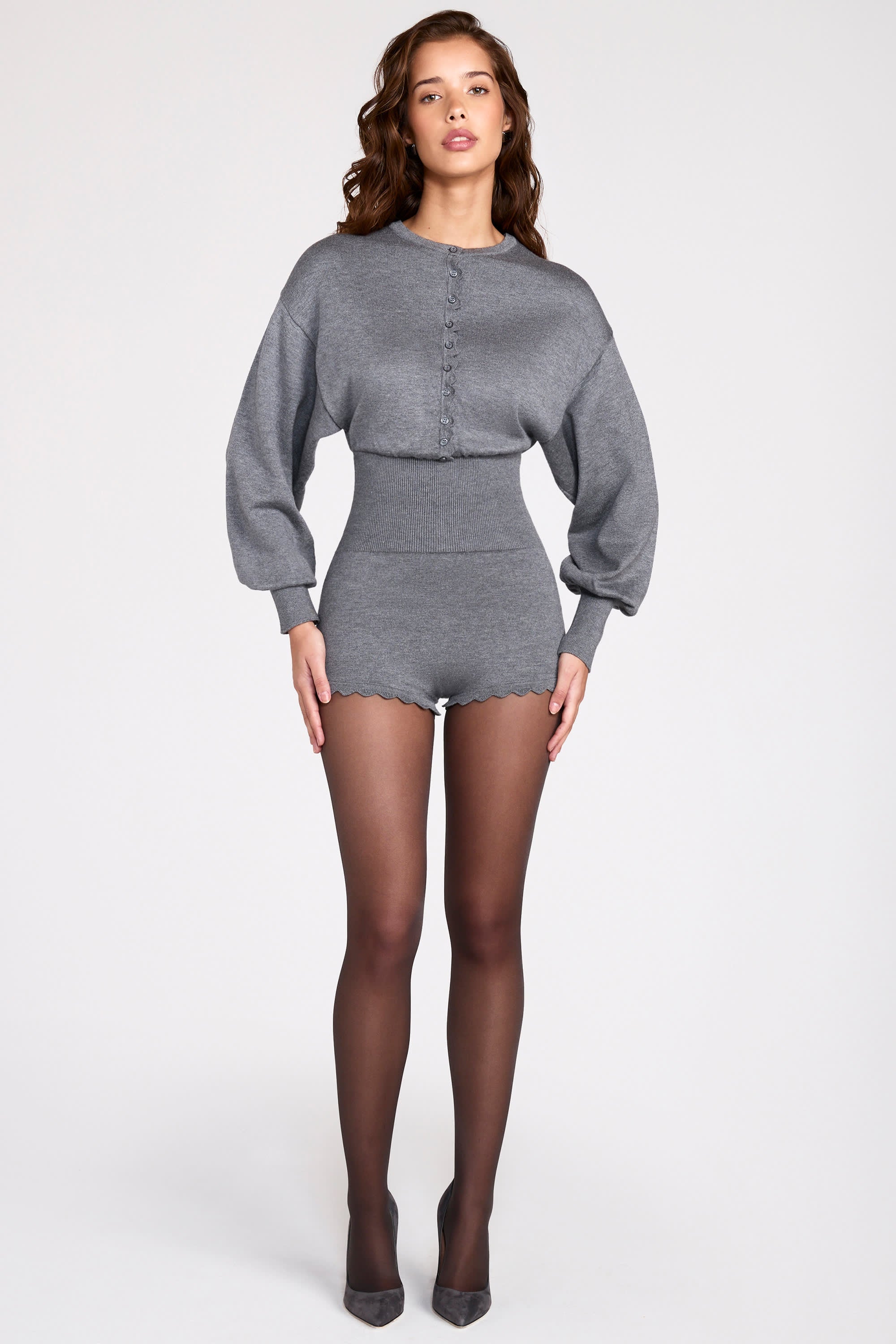 Fine-Knit Long-Sleeve Romper in Grey - 1
