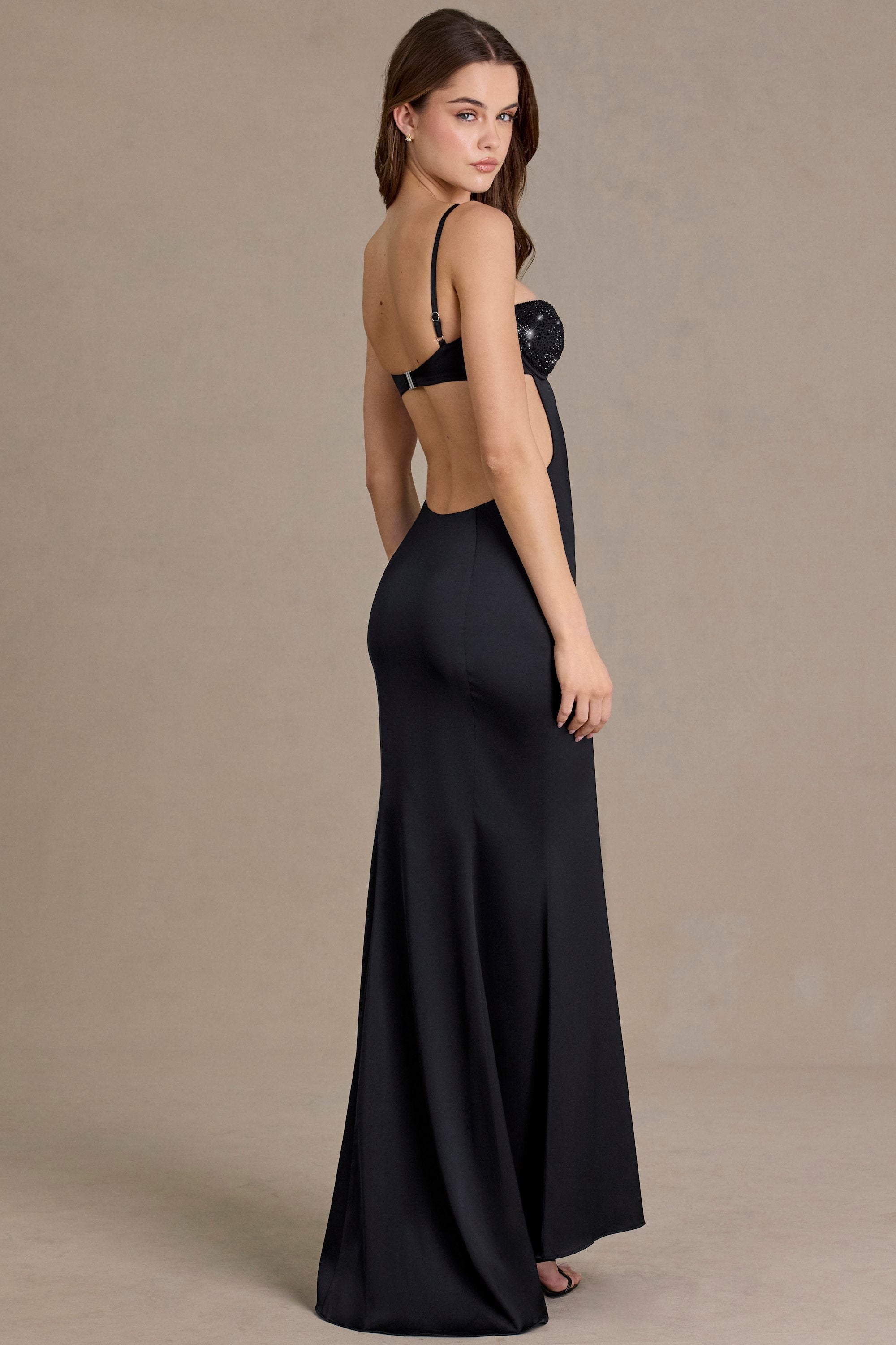 Satin Embellished Bralette Gown in Black - 2