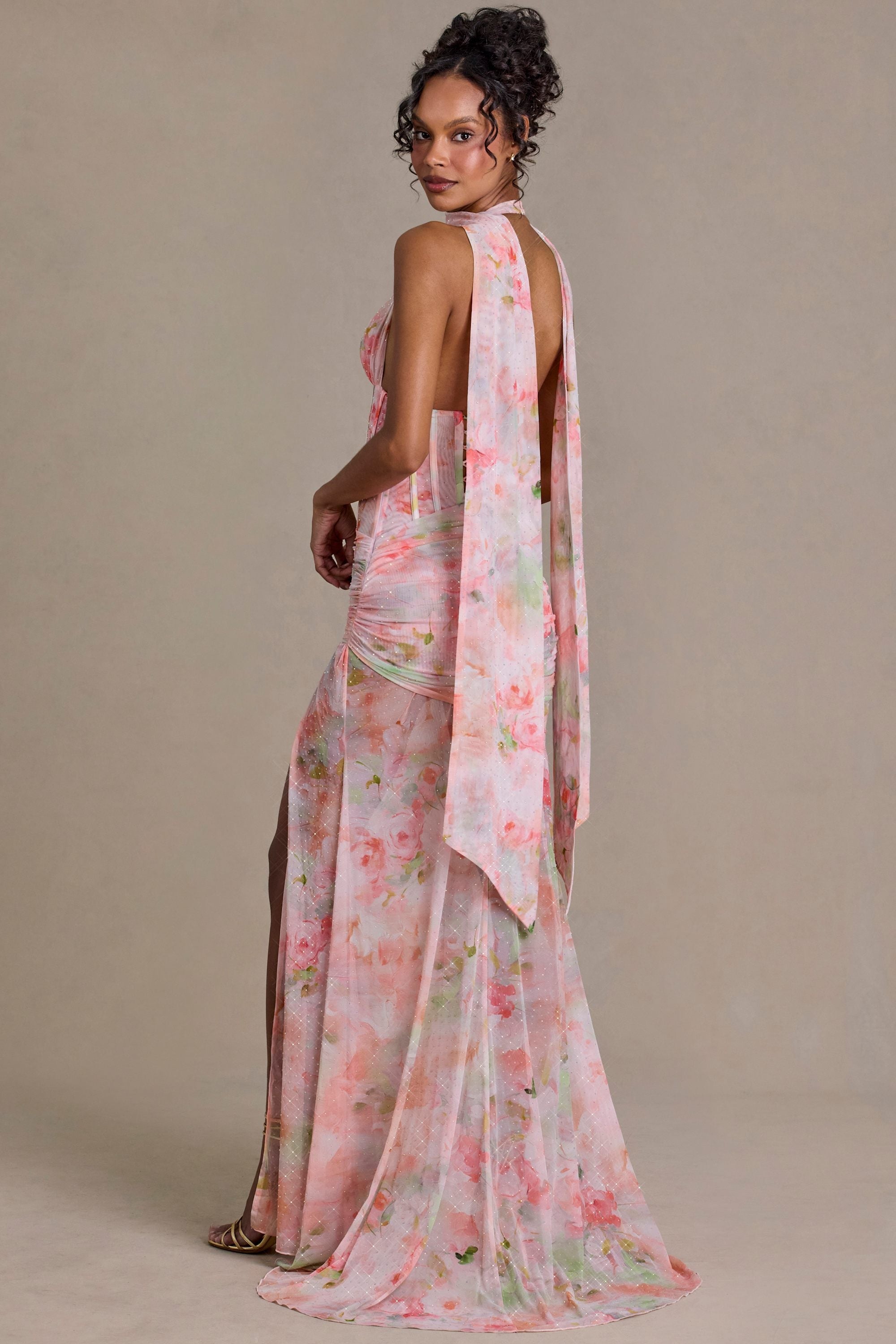 Embellished Scarf-Detail Maxi Dress in Pink Floral Print - 2