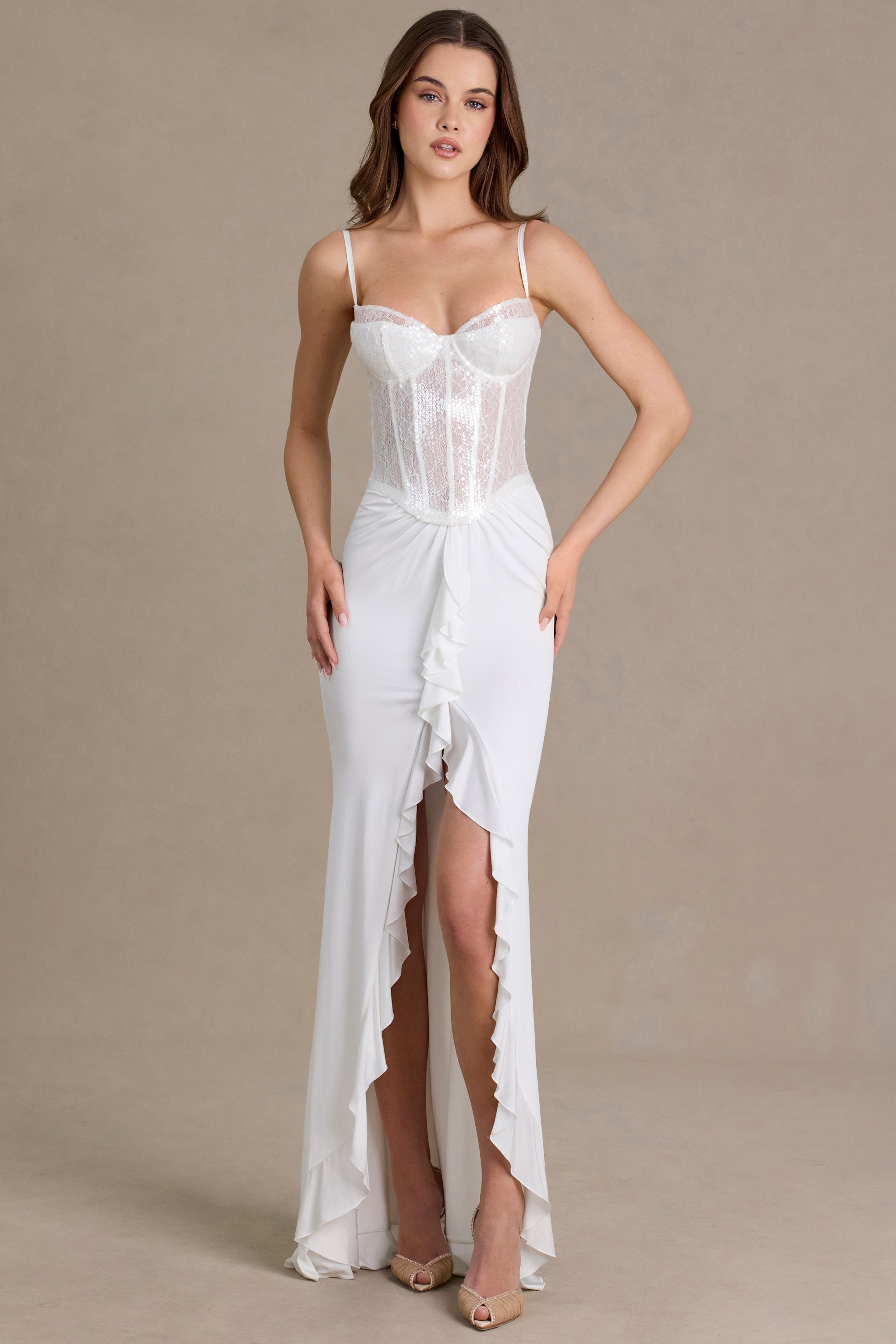 Embellished Lace Corset Gown in White - 1