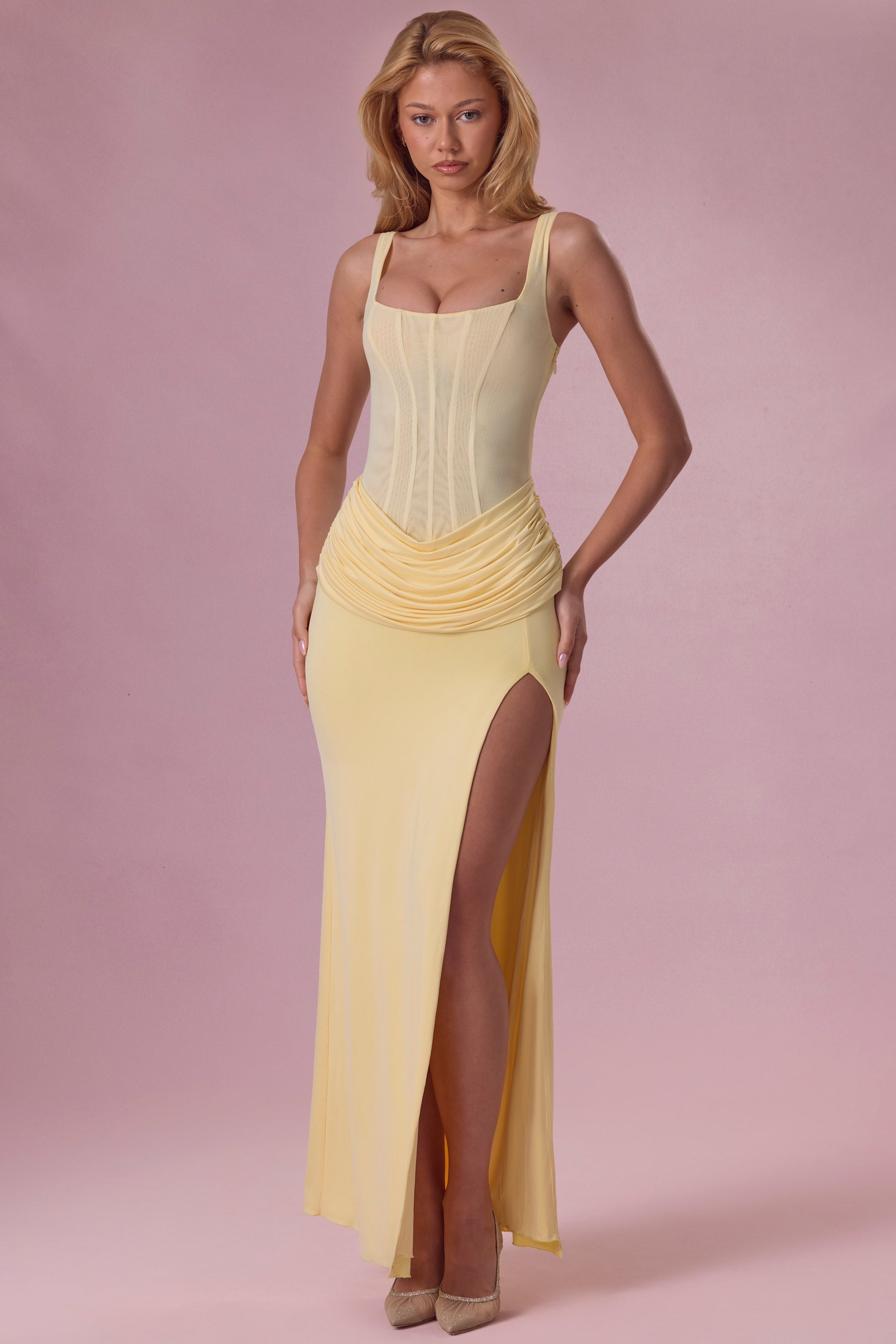 Mesh Draped Bridesmaid Dress in Butter Yellow - 1