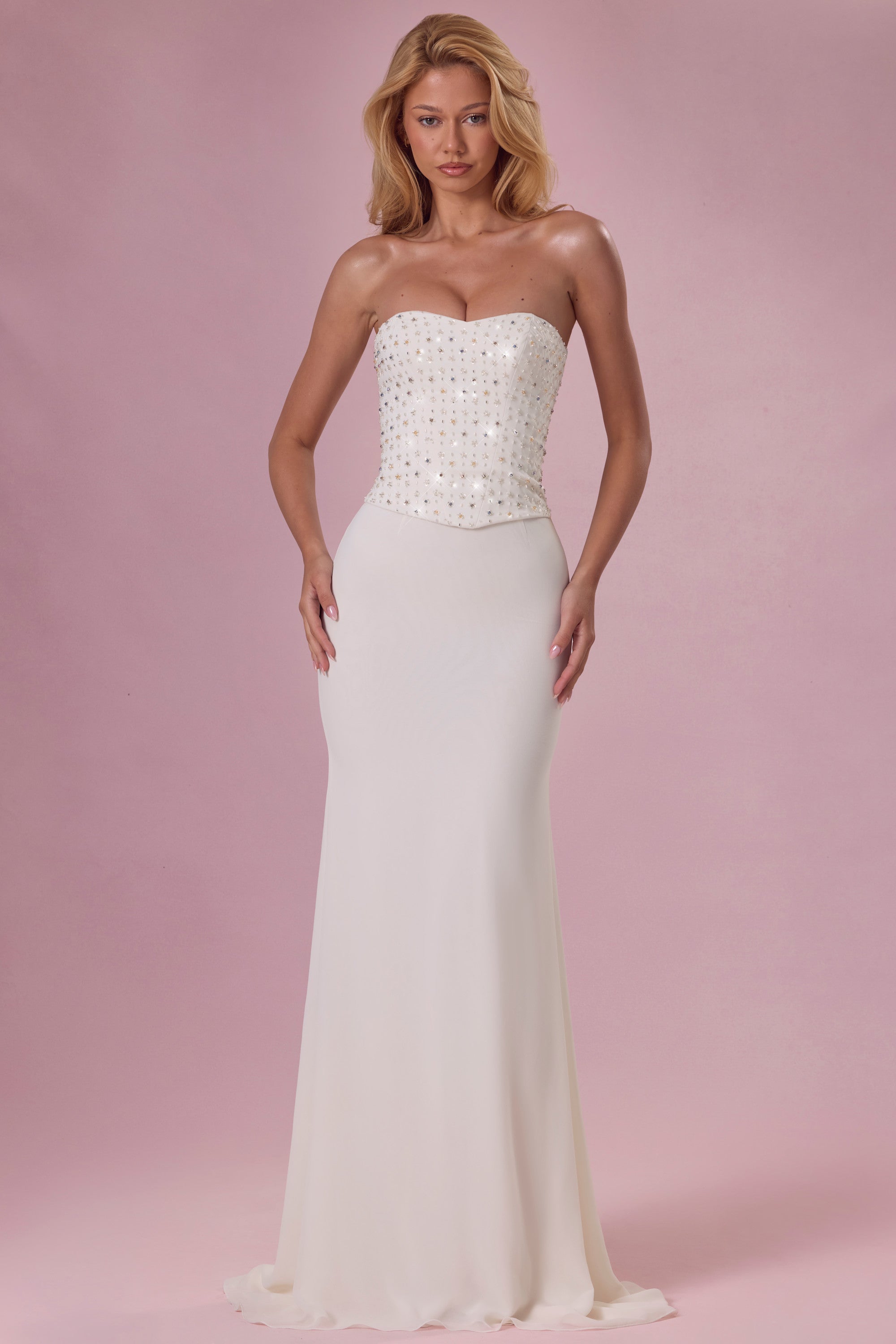 Embellished Corset Strapless Gown in Ivory - 1