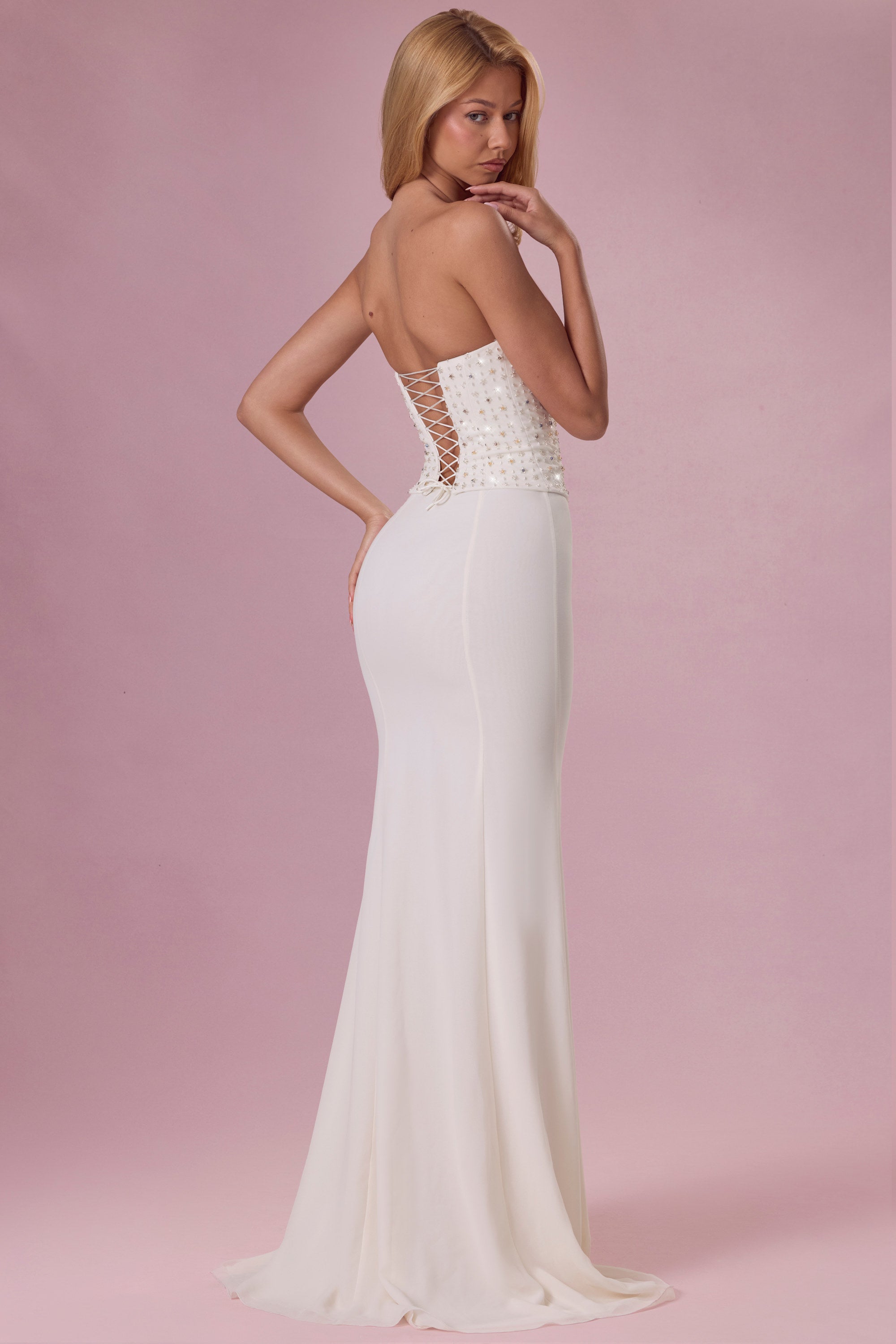 Embellished Corset Strapless Gown in Ivory - 2