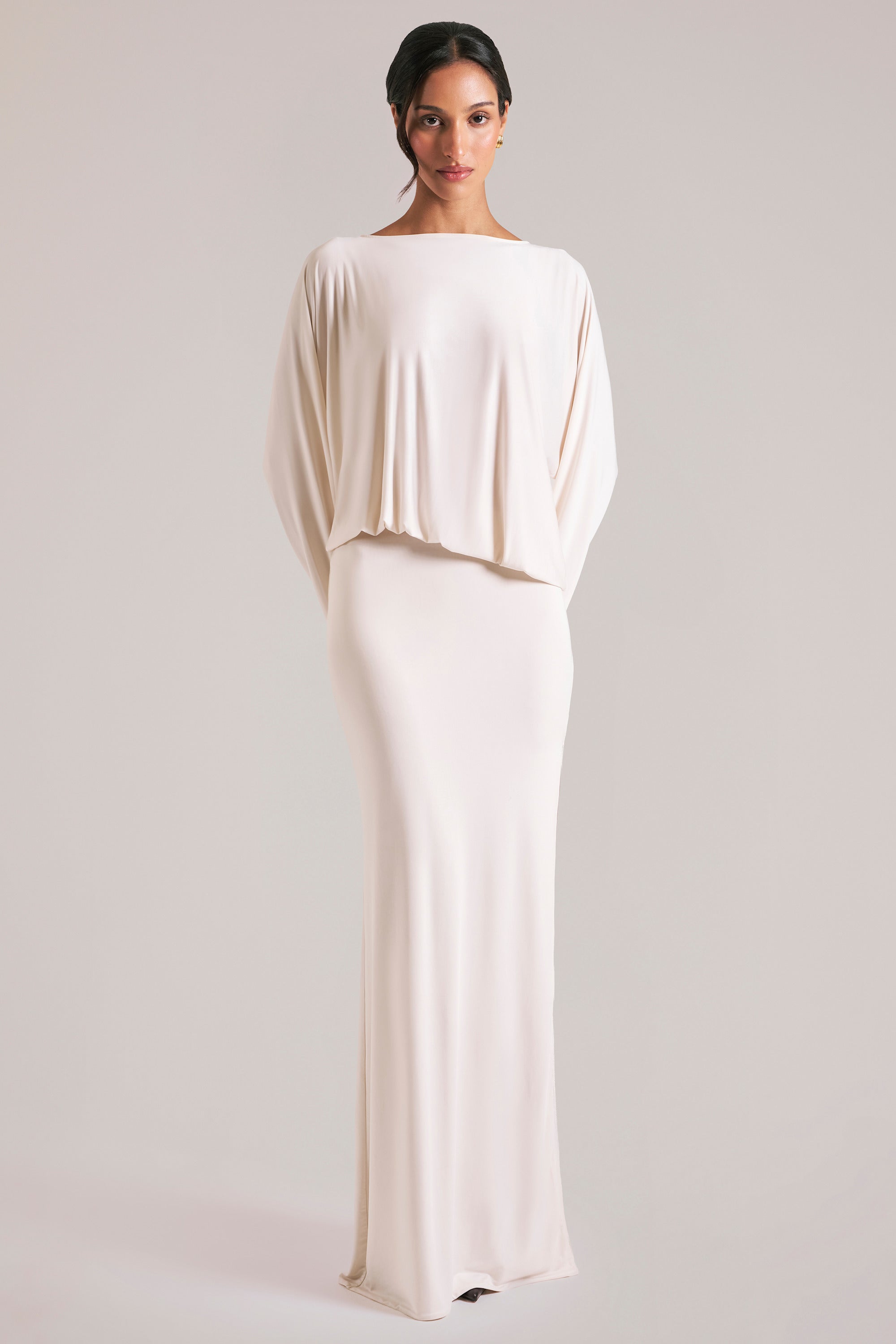 Long-Sleeve Draped Maxi Dress in Ivory - 2
