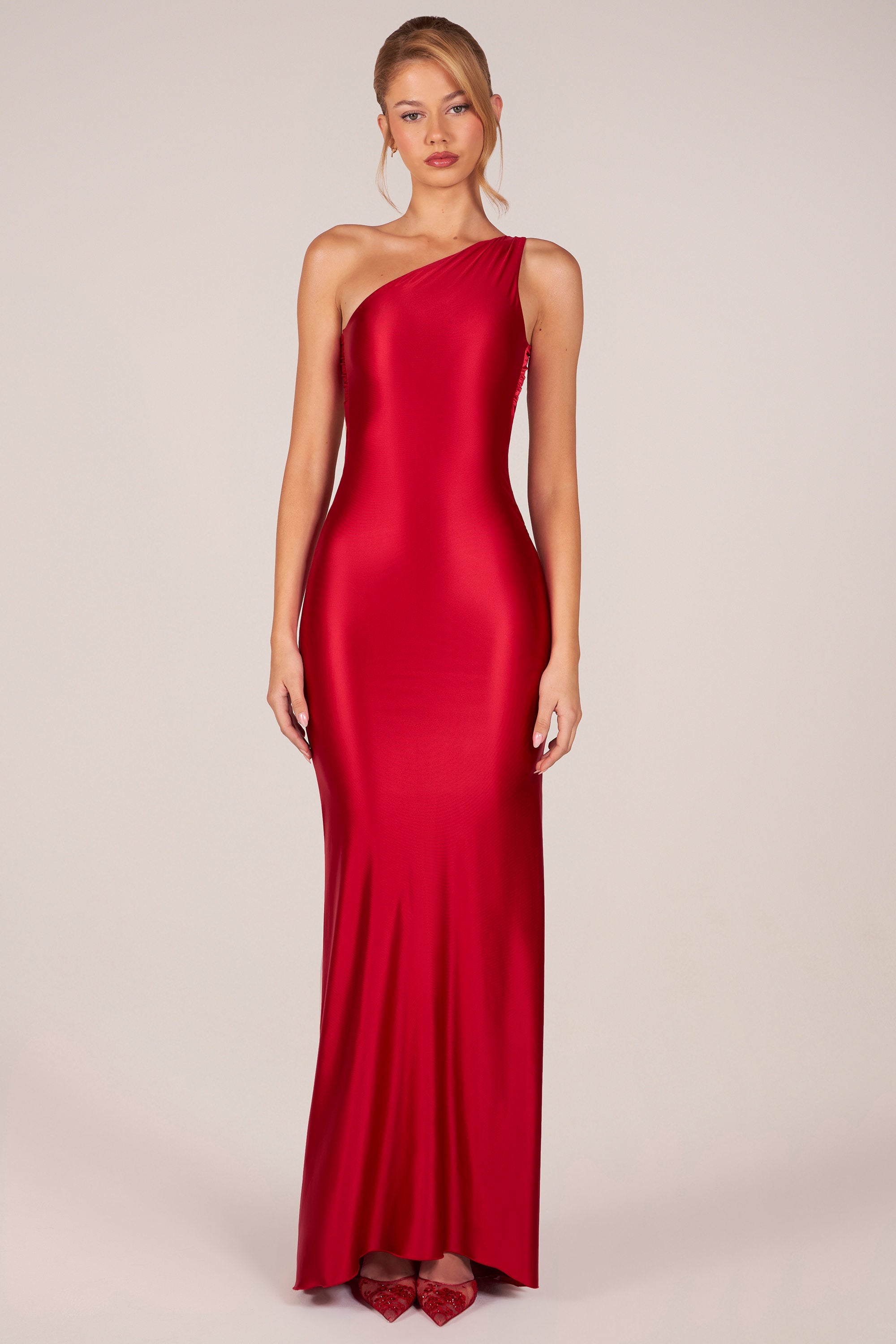 Asymmetric Tie-Back Gown in Rose Red - 2