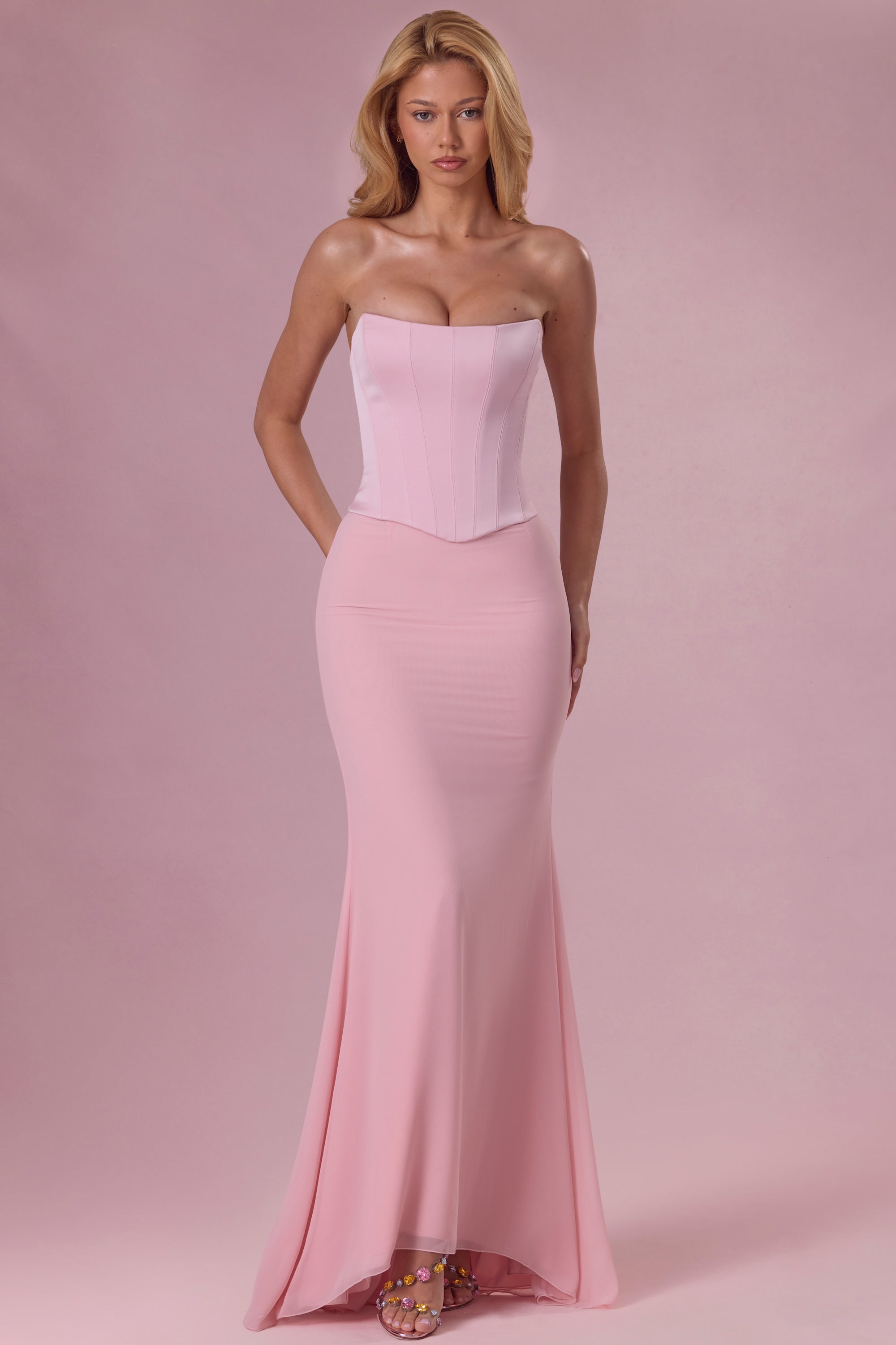 Satin Corset Bridesmaid Dress in Blush Pink - 1