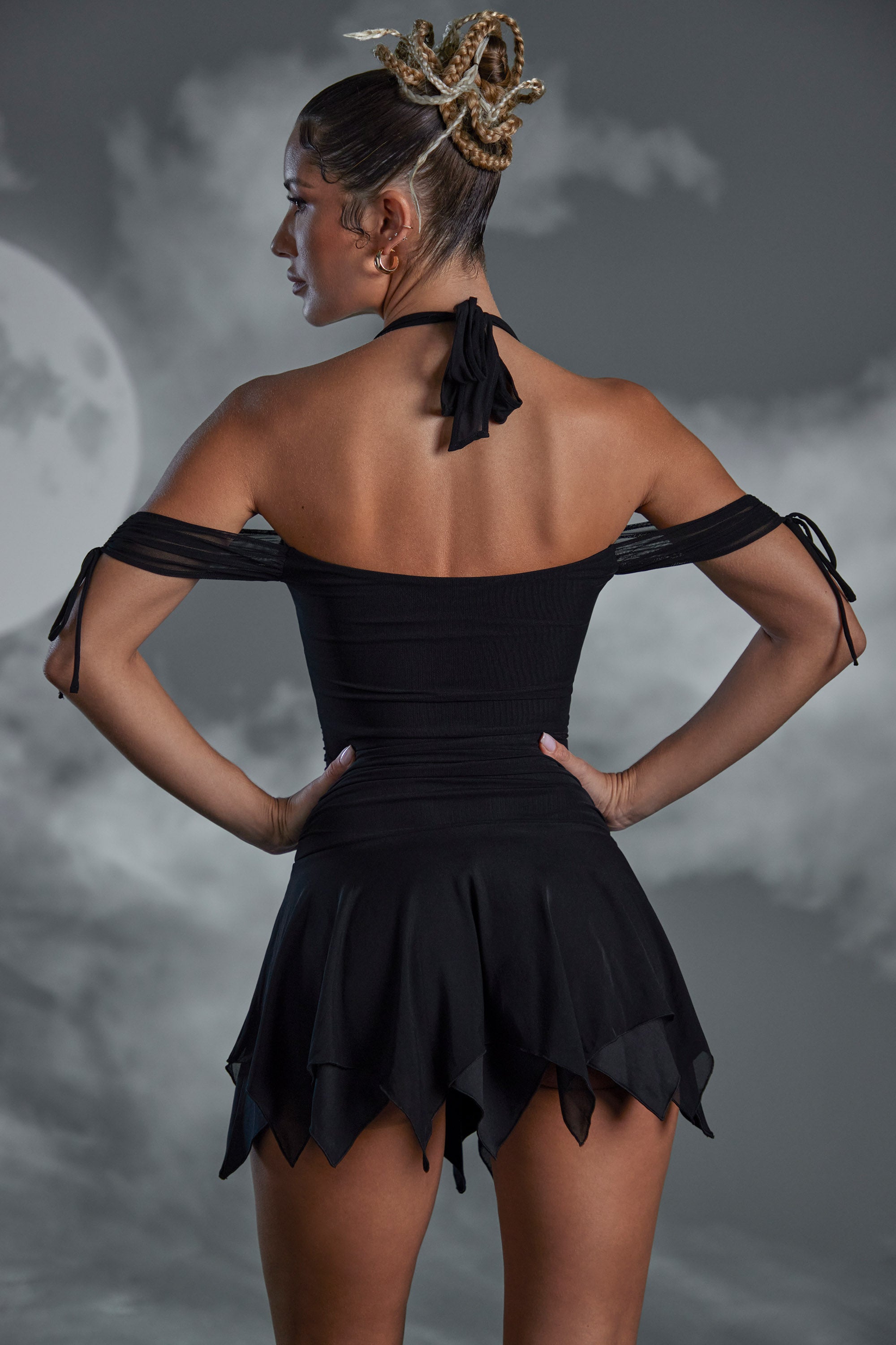 Lace Up Halter Neck Mini Dress in Black - 2