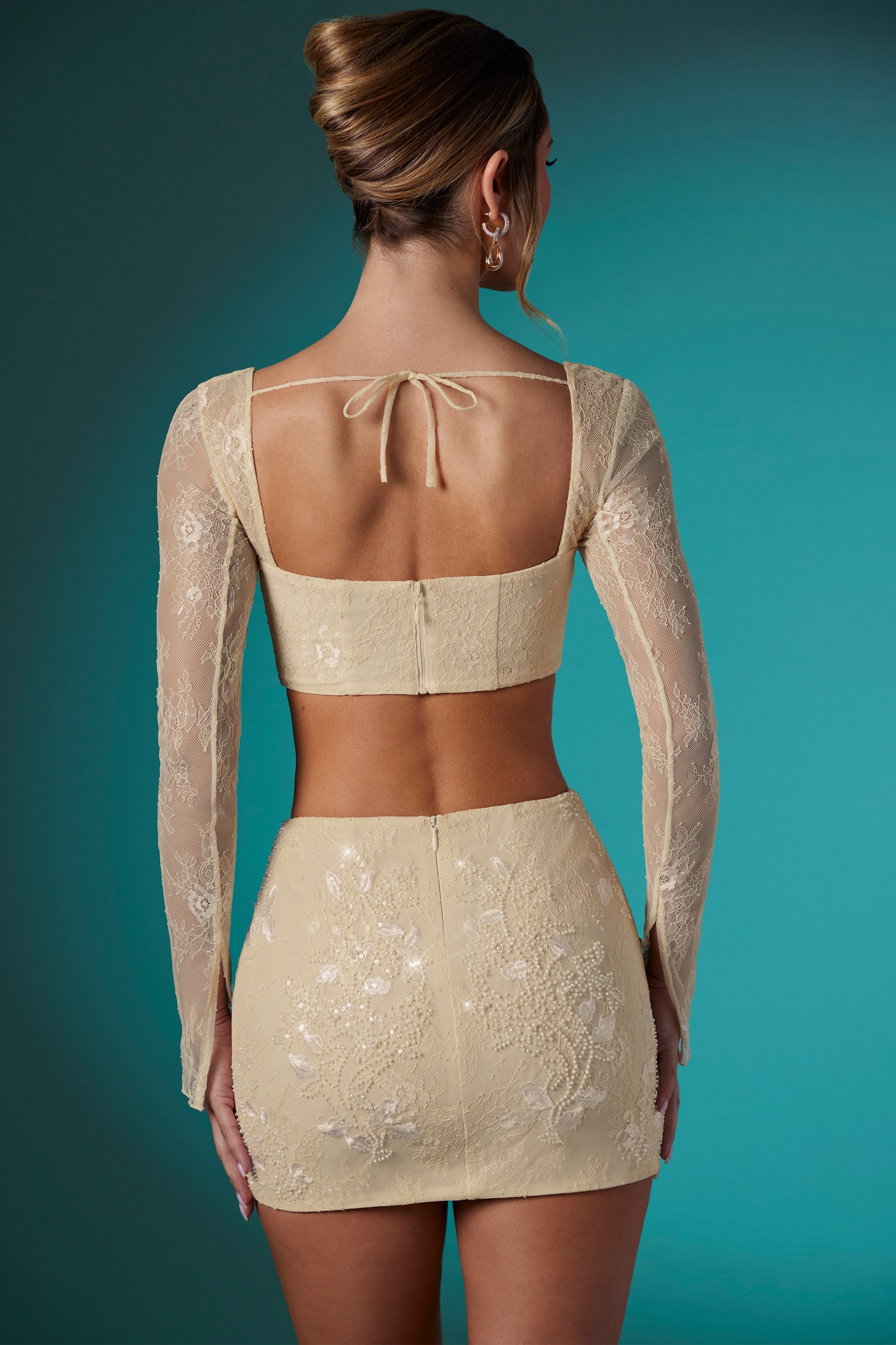 Embellished Lace Bodycon Mini Skirt in Ivory - 2
