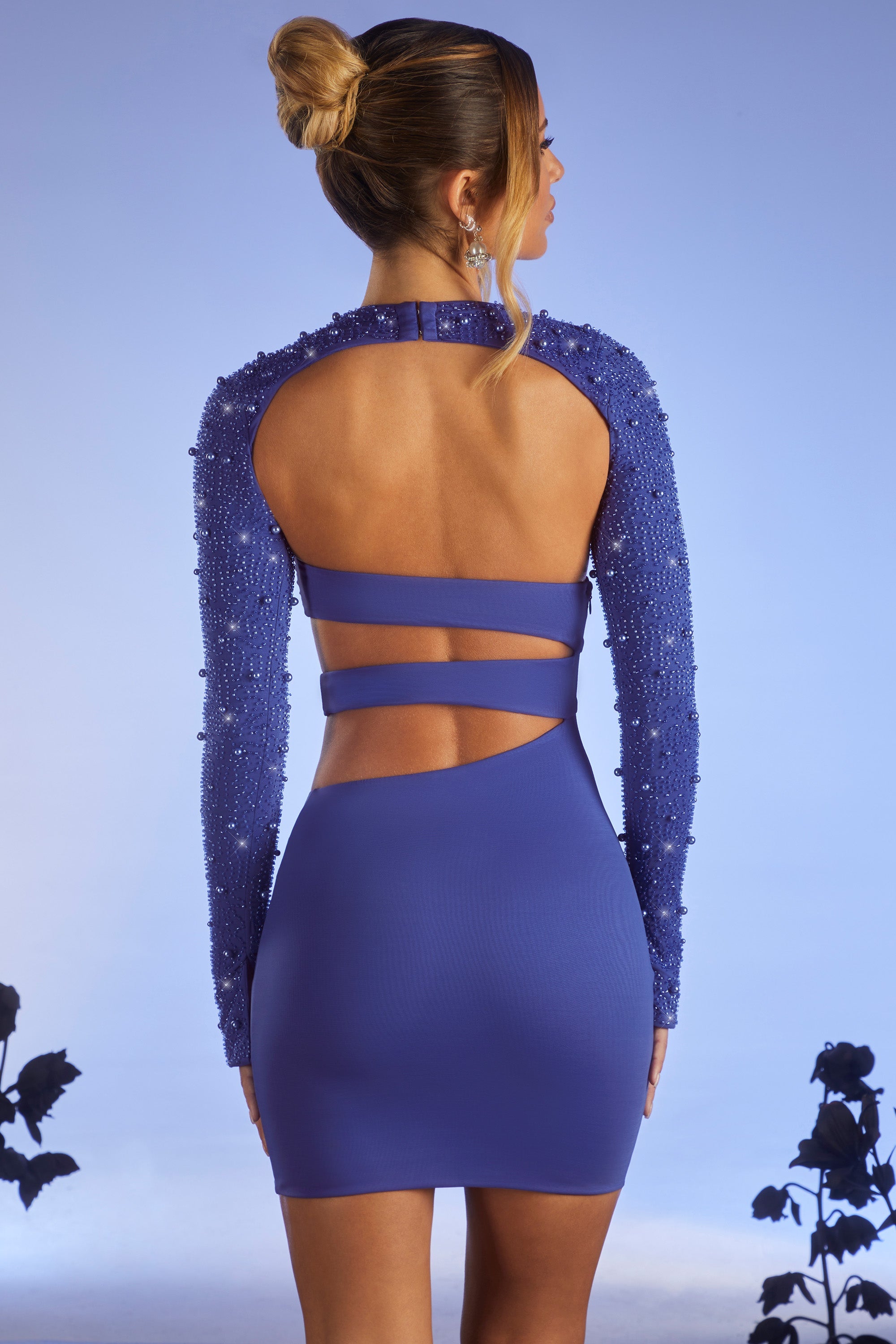 Embellished Long Sleeve Cut Out Mini Dress in Dark Blue - 2