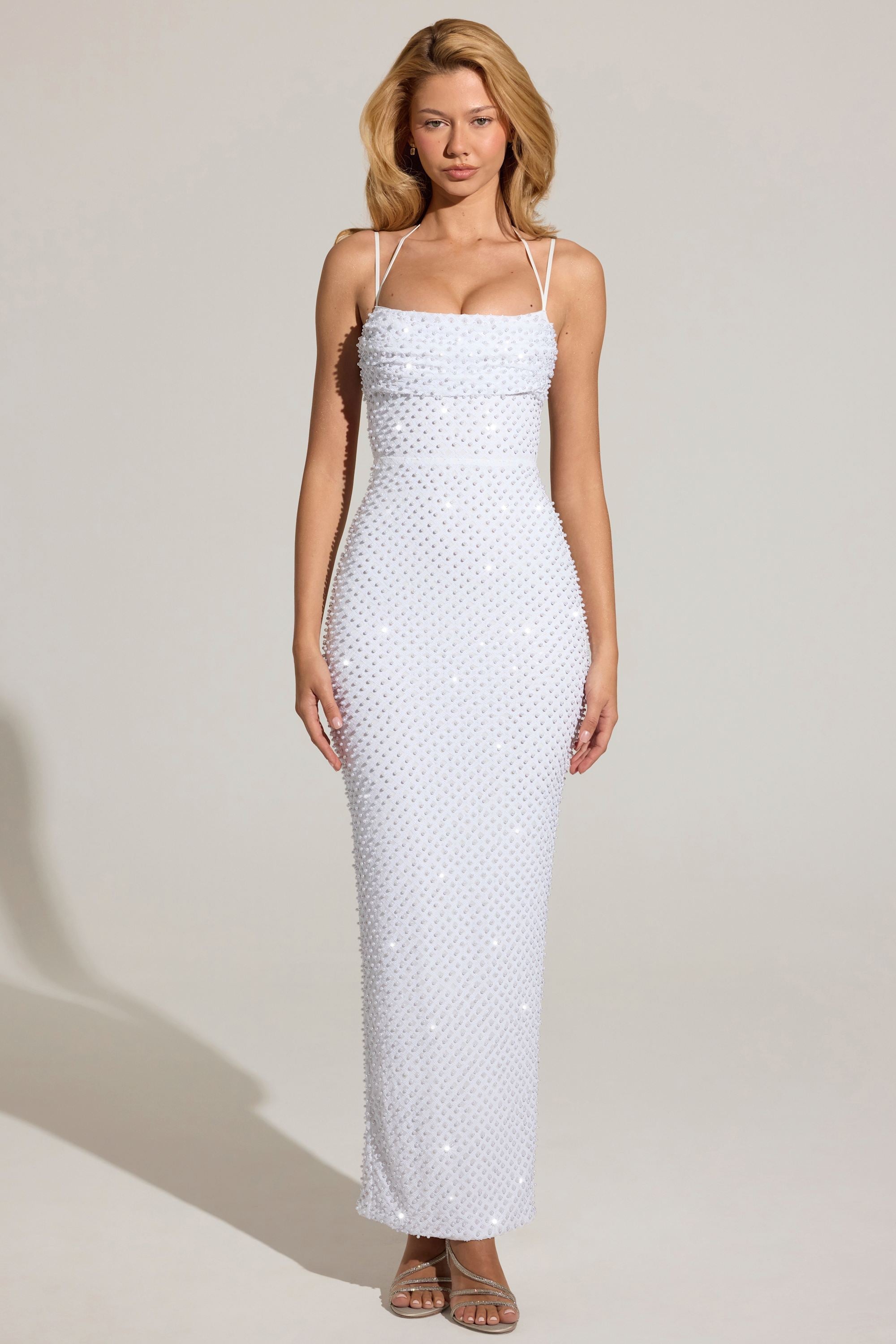 Embellished Cowl-Neck Maxi Dress in White - 1
