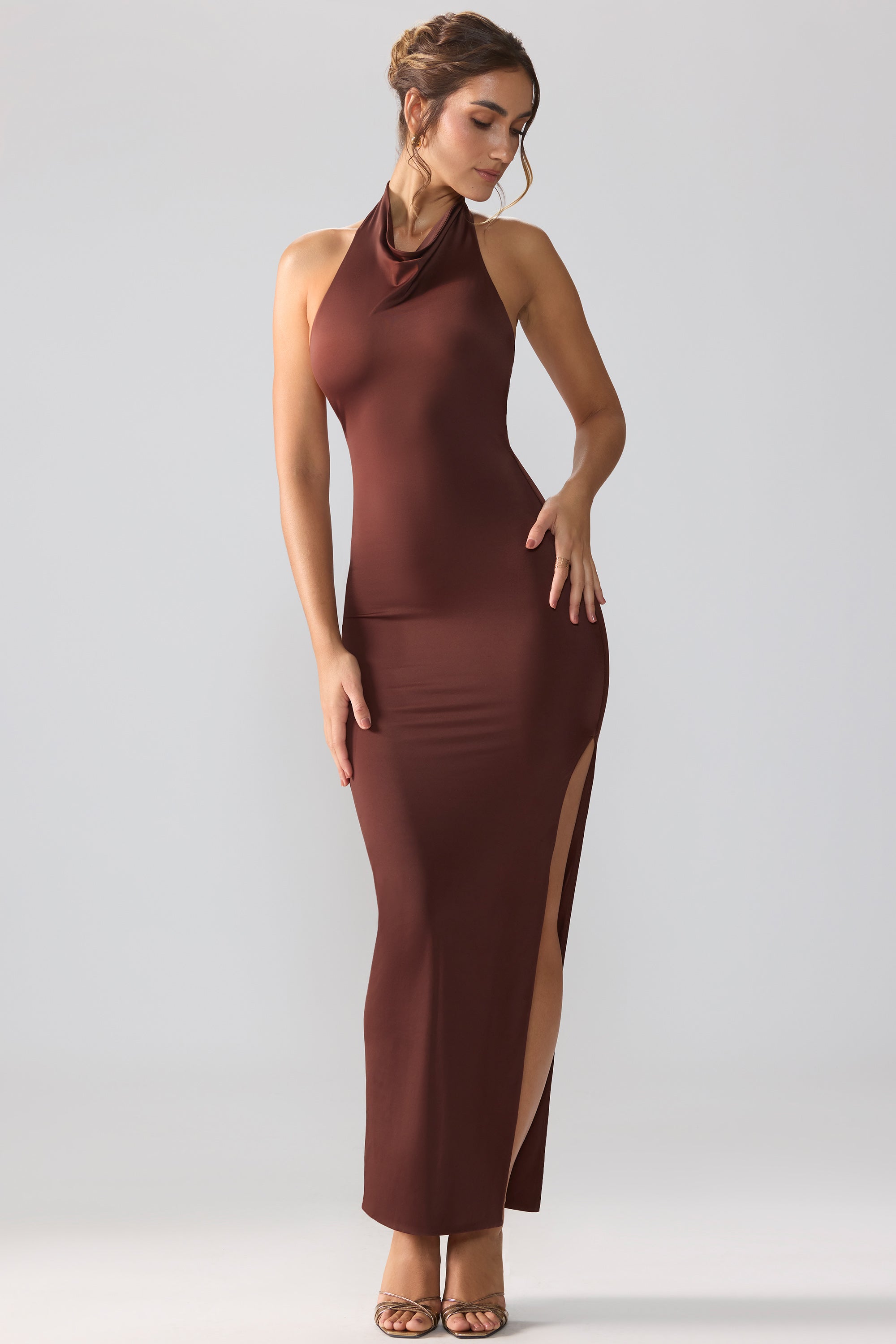 Jersey Cowl Neck Backless Maxi Dress in Espresso - 1