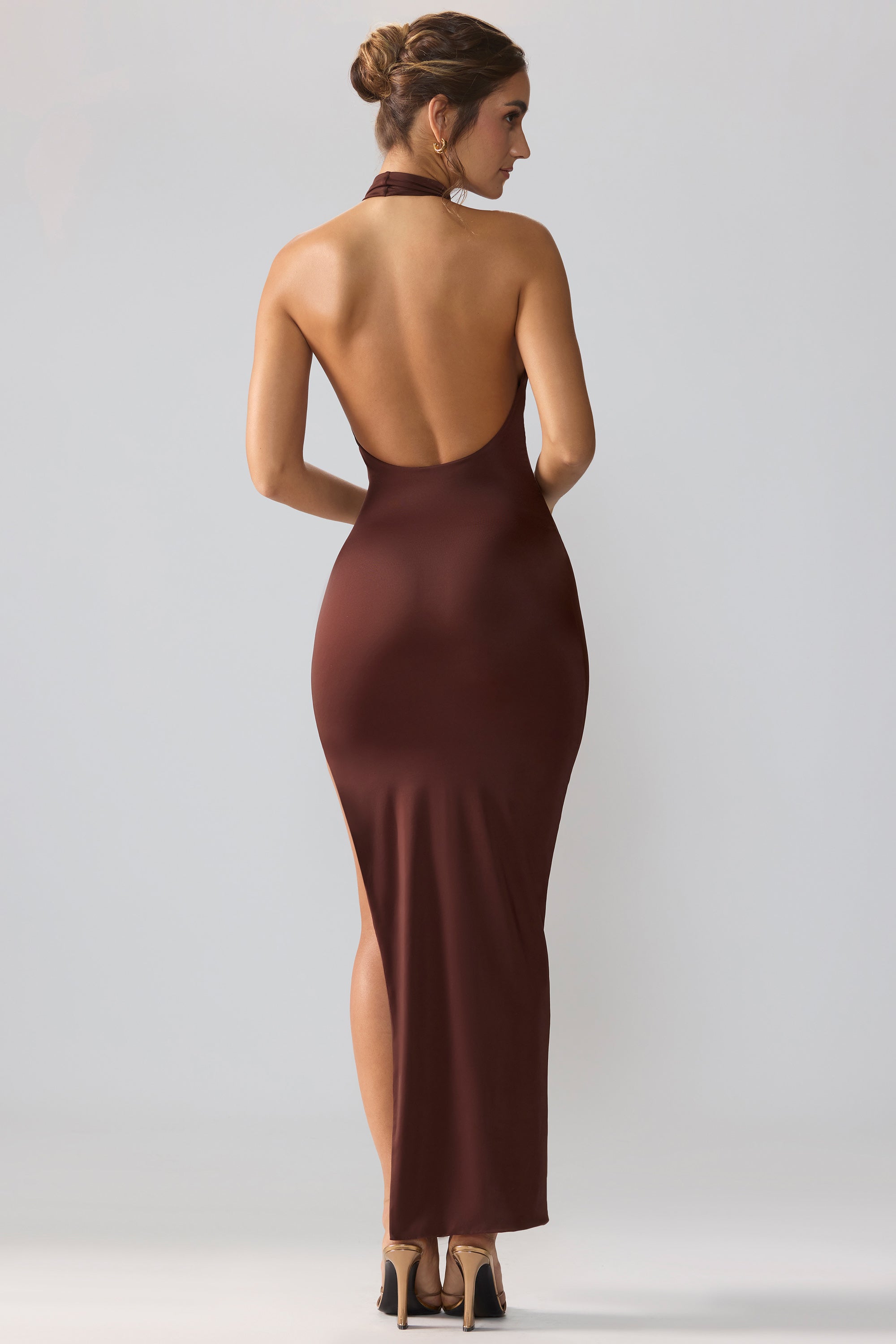 Jersey Cowl Neck Backless Maxi Dress in Espresso - 2