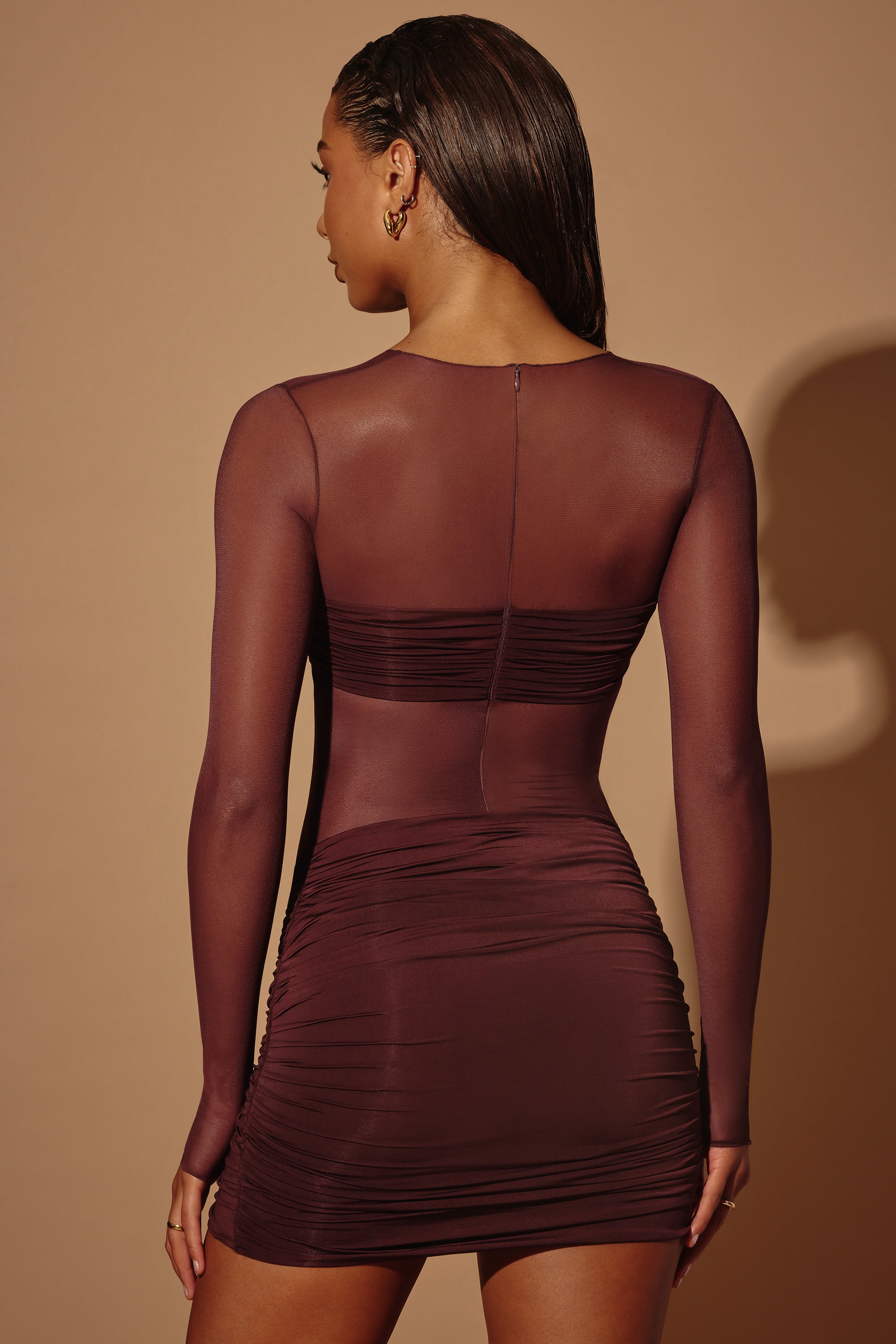 Sheer Panelled Long Sleeve Mini Dress in Brown - 2