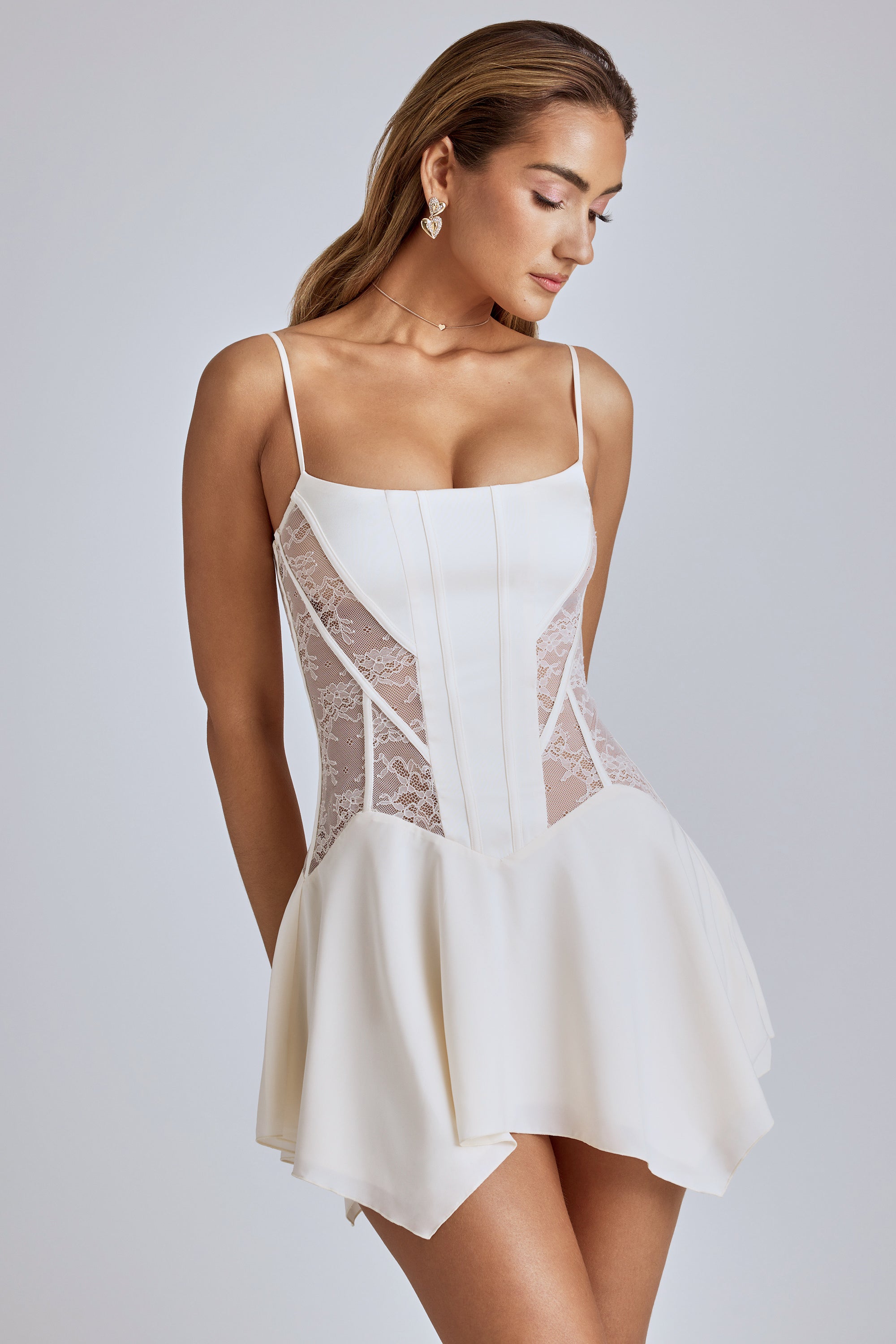 Lace Handkerchief Hem Mini Dress in Ivory - 1
