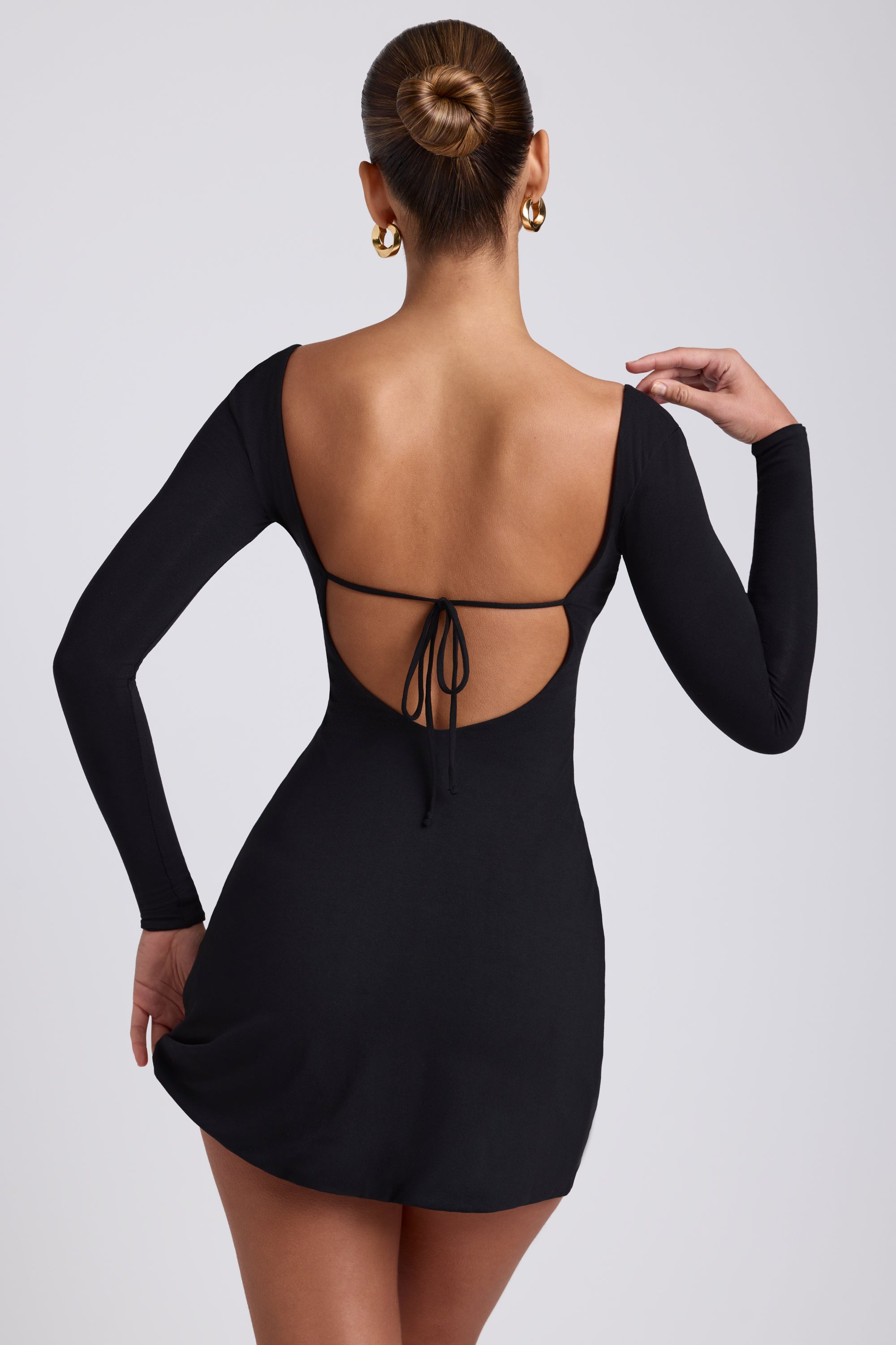 Modal Square Neck Long Sleeve Mini Dress in Black - 2