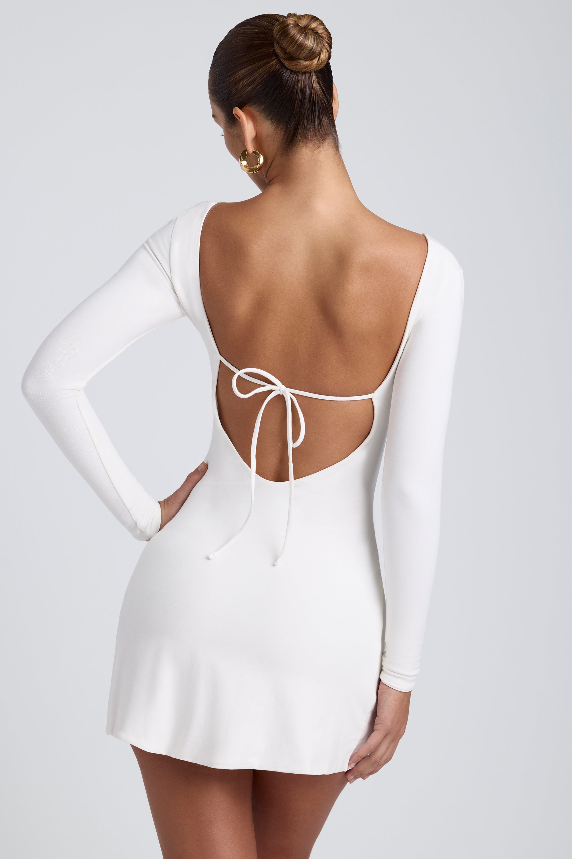 Modal Square Neck Long Sleeve Mini Dress in White - 2