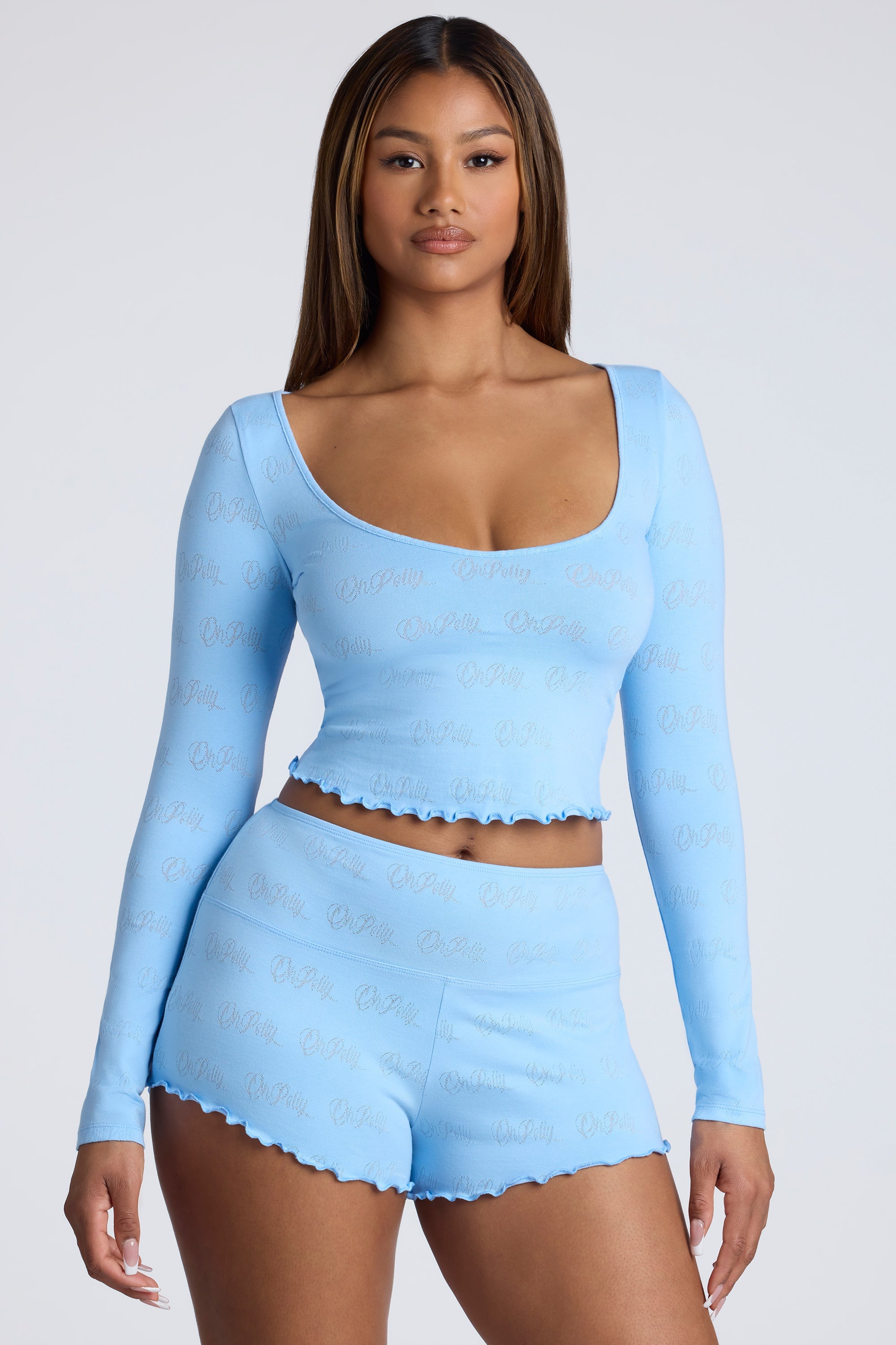 Mid Rise Pointelle Mini Shorts in Baby Blue - 1