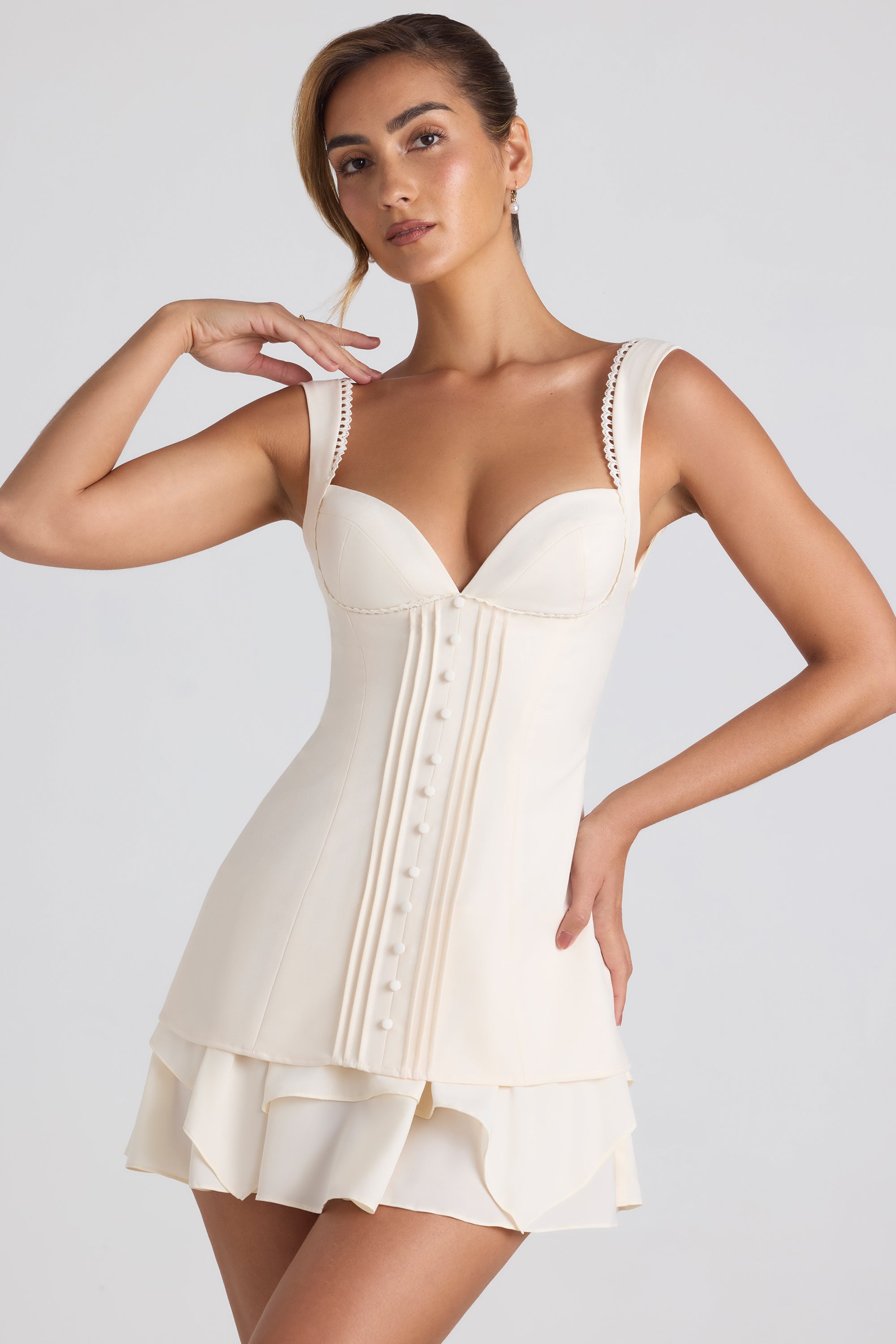Ruffle-Trim Button-Detail Corset Mini Dress in Ivory - 1