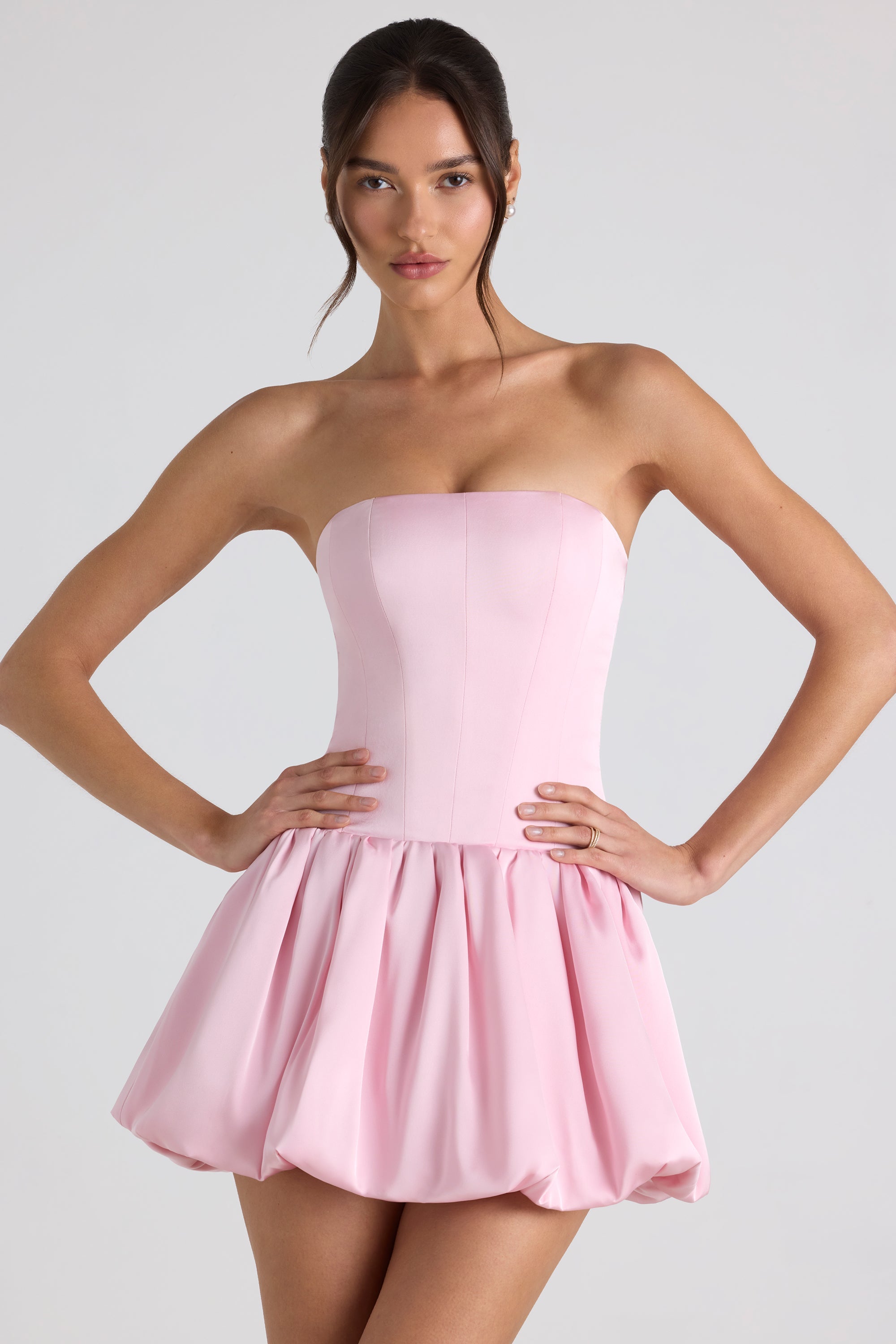 Lace-Up Bubble Hem Corset Mini Dress in Soft Pink - 1