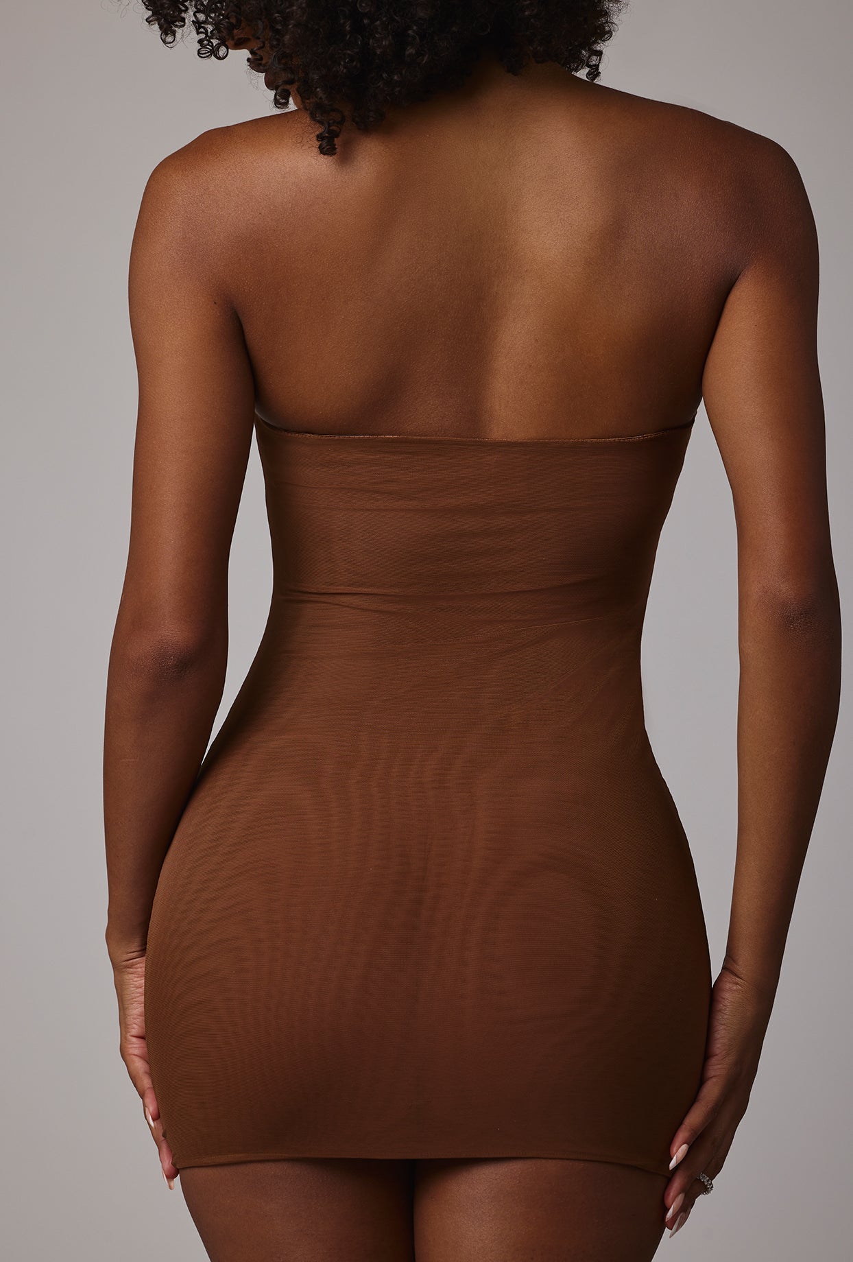 Soft Sheer-Mesh Bandeau Mini Slip Dress in Mocha - 2