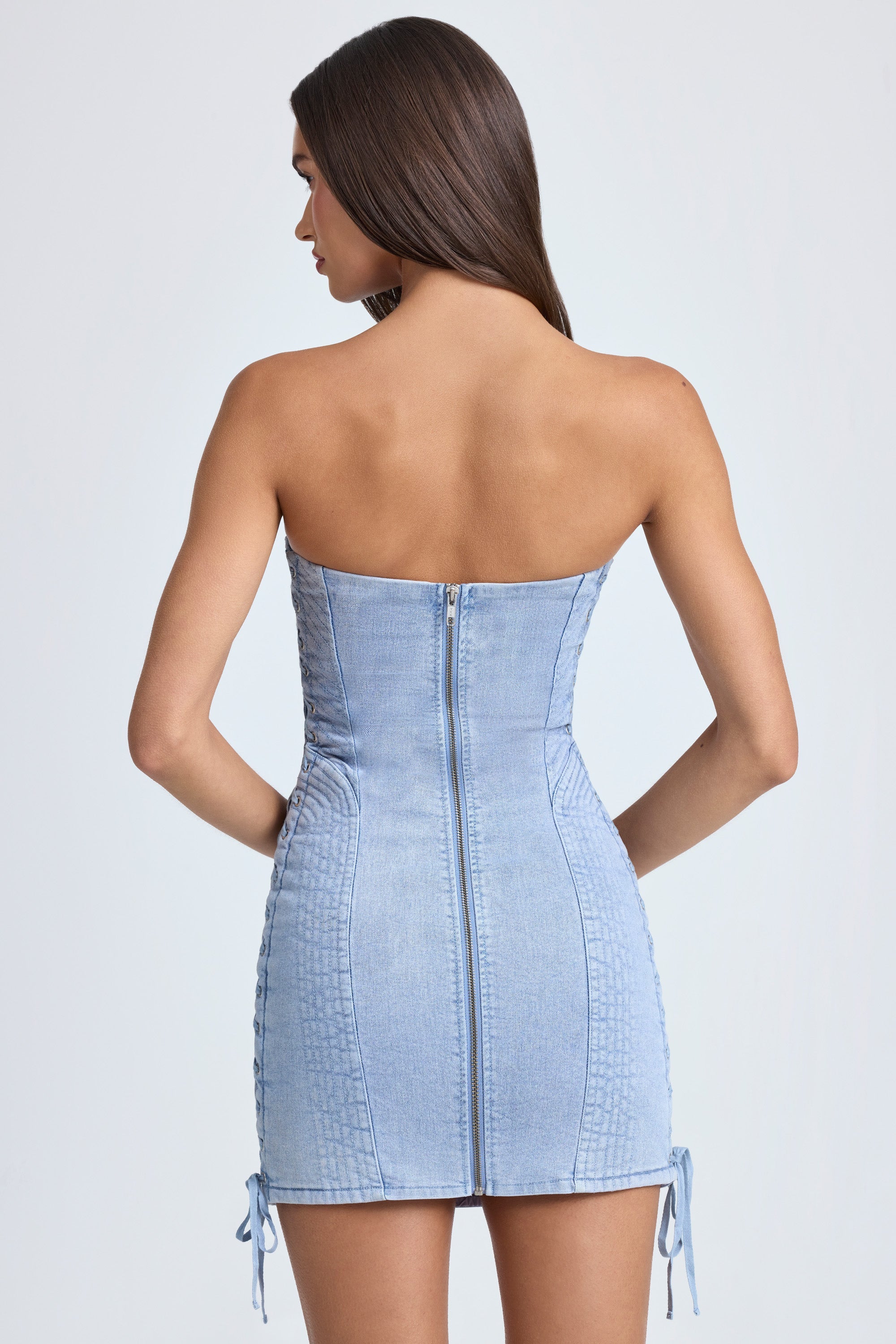 Bandeau Lace-Up Mini Dress in Light Blue Stonewash - 2