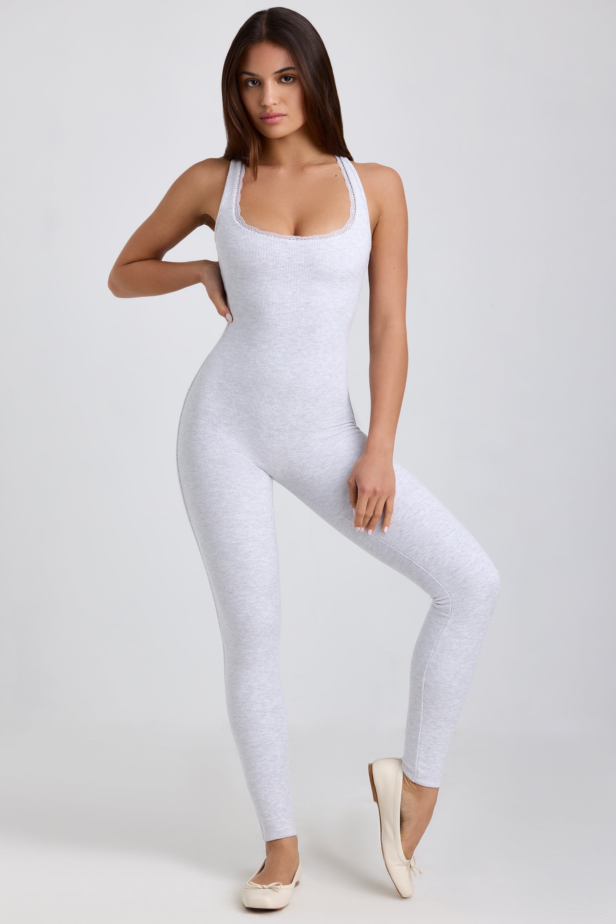 Ribbed Modal Lace-Trim Jumpsuit in Grey - 1