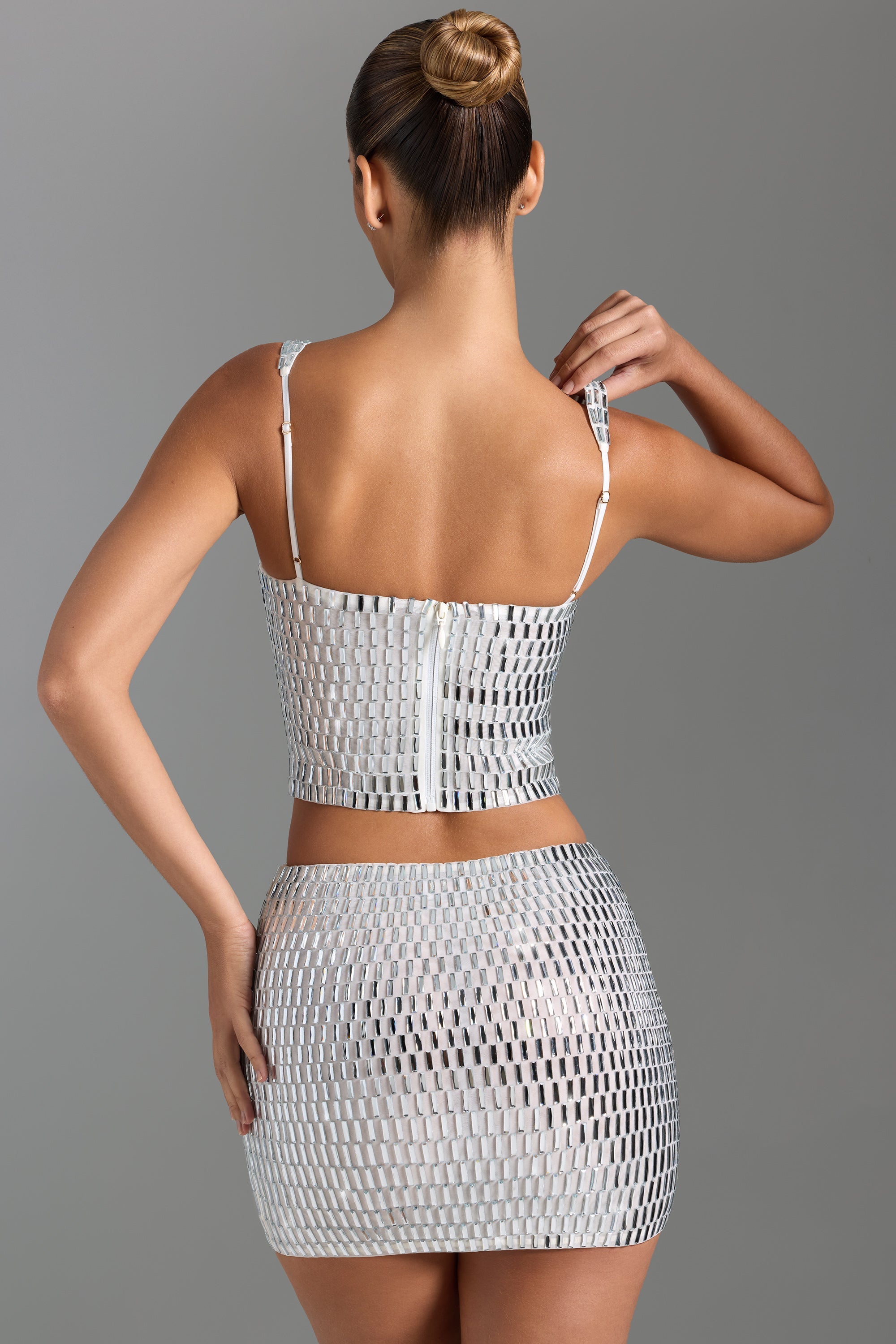 Embellished Low-Rise Micro Mini Skirt in White - 2