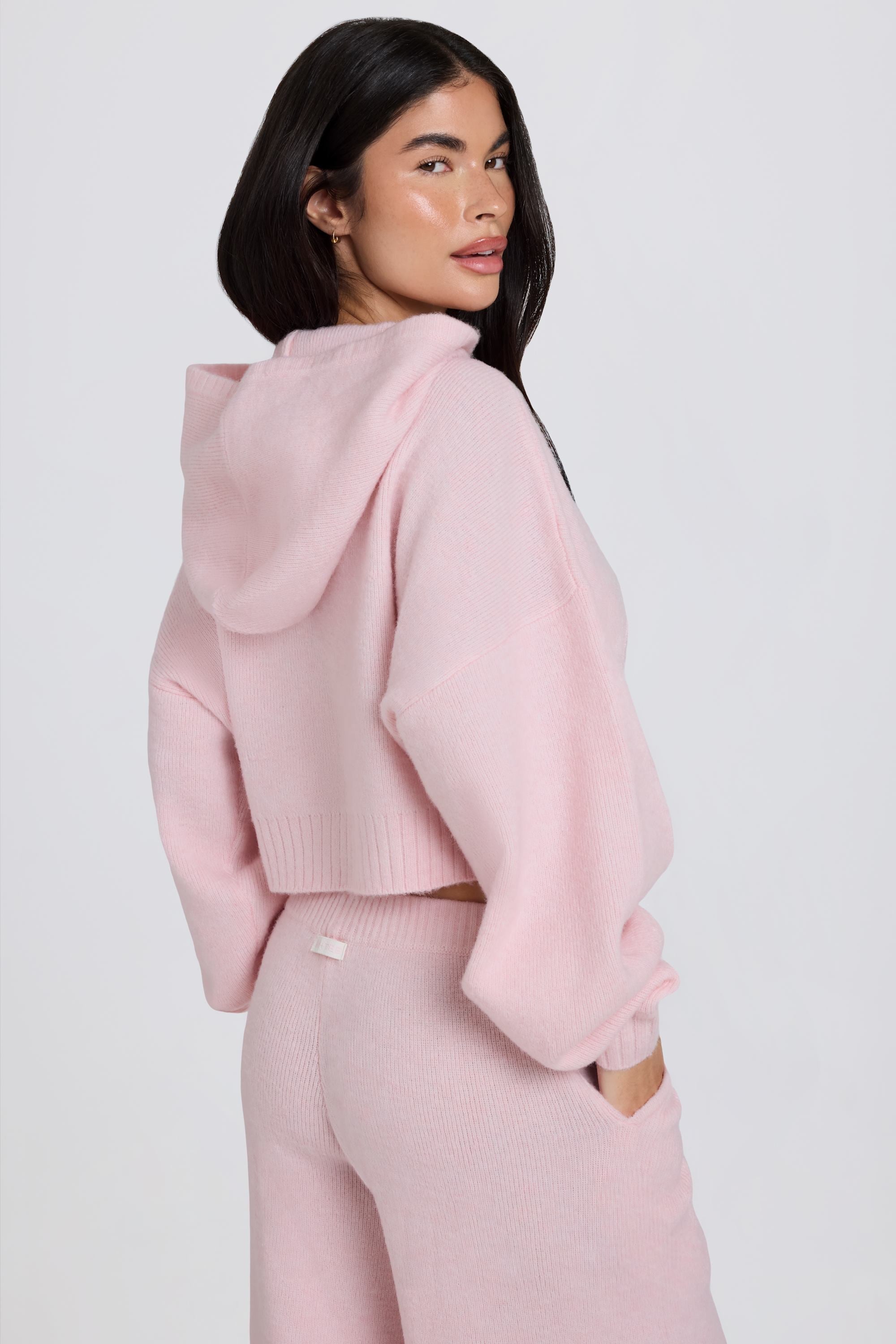 Soft Knit Zip-Up Cropped Hoodie in Soft Pink - 2