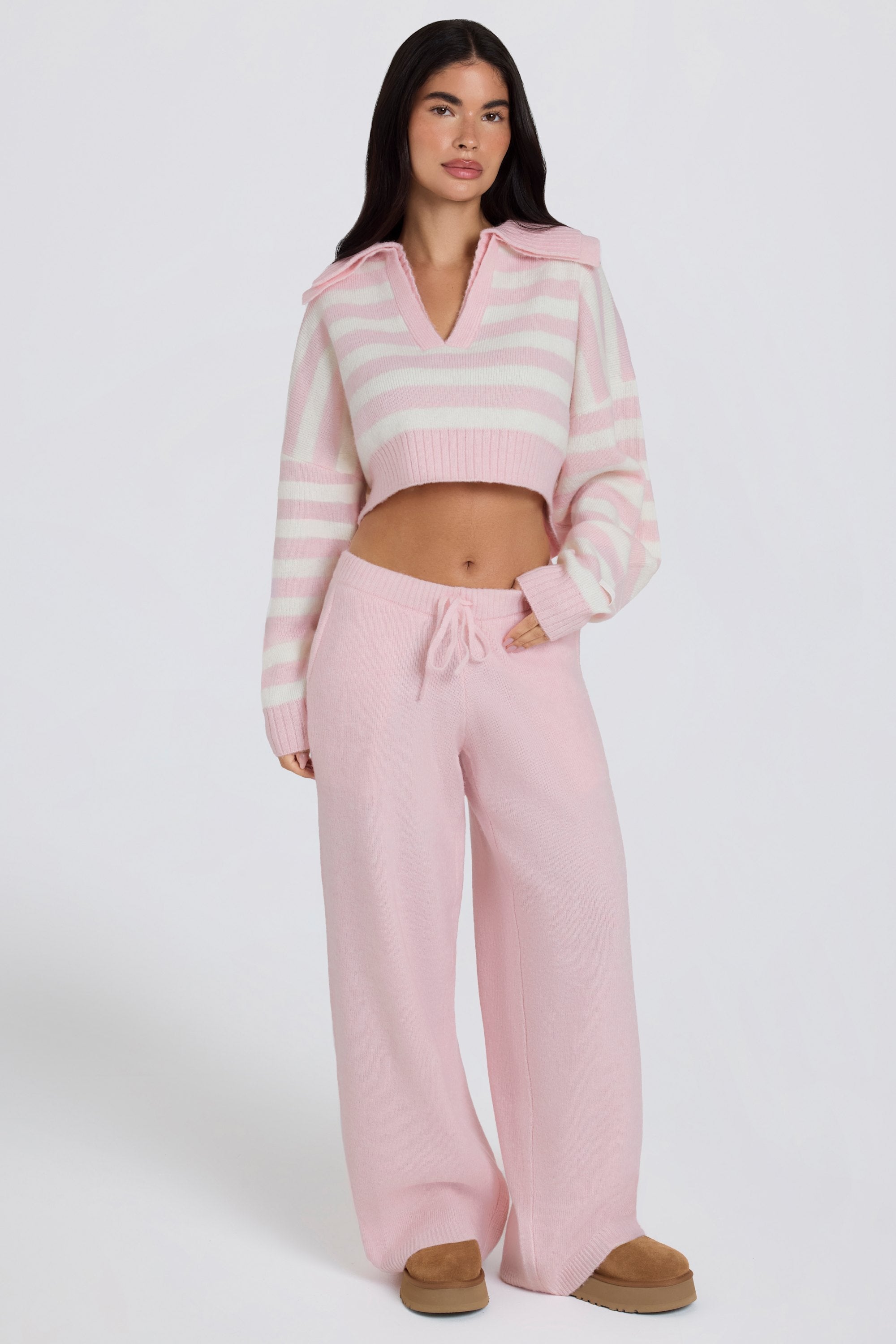 Knit Mid-Rise Wide-Leg Joggers in Soft Pink - 1