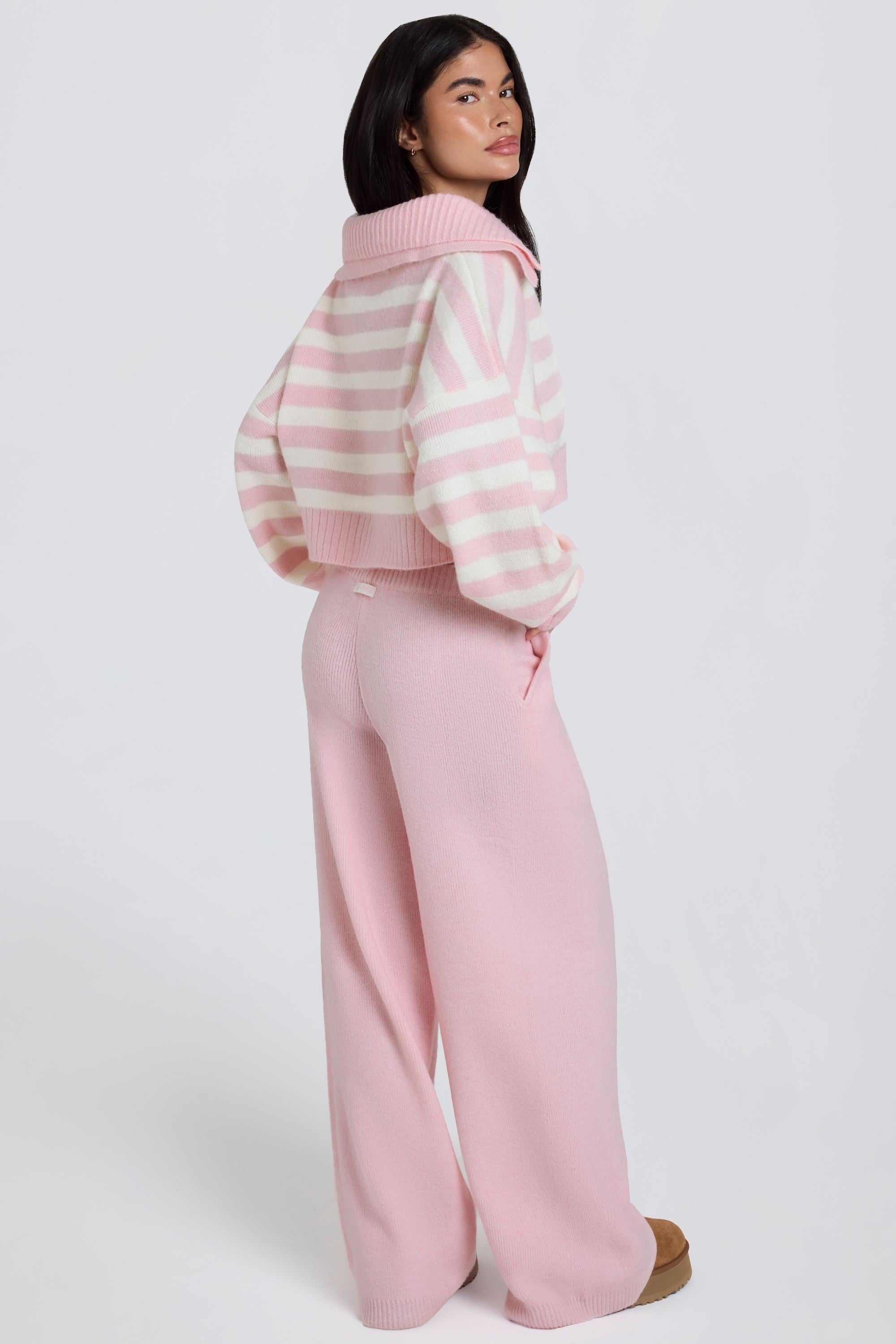 Knit Mid-Rise Wide-Leg Joggers in Soft Pink - 2