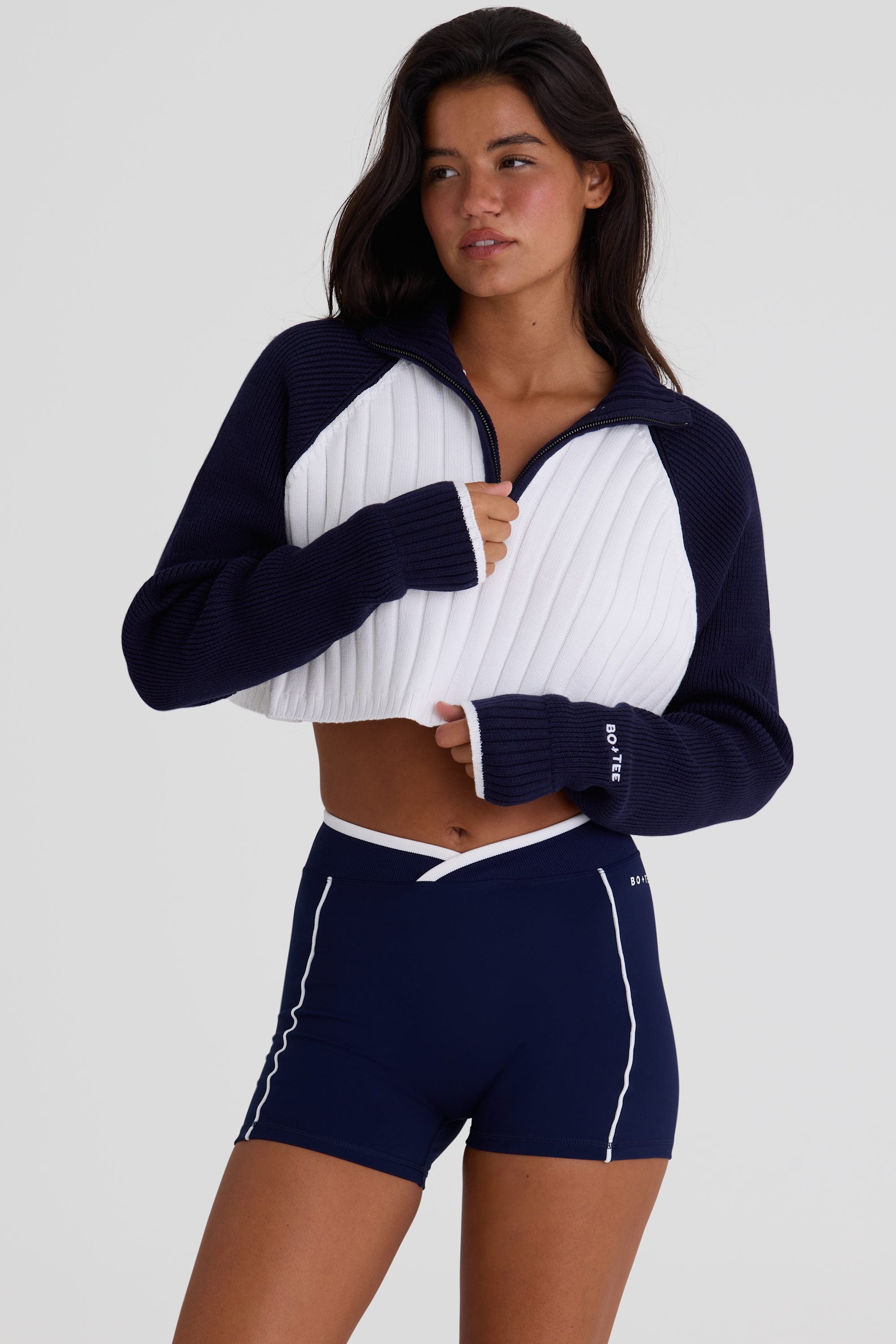 Ribbed Knit Quarter-Zip Cropped Jumper in Midnight