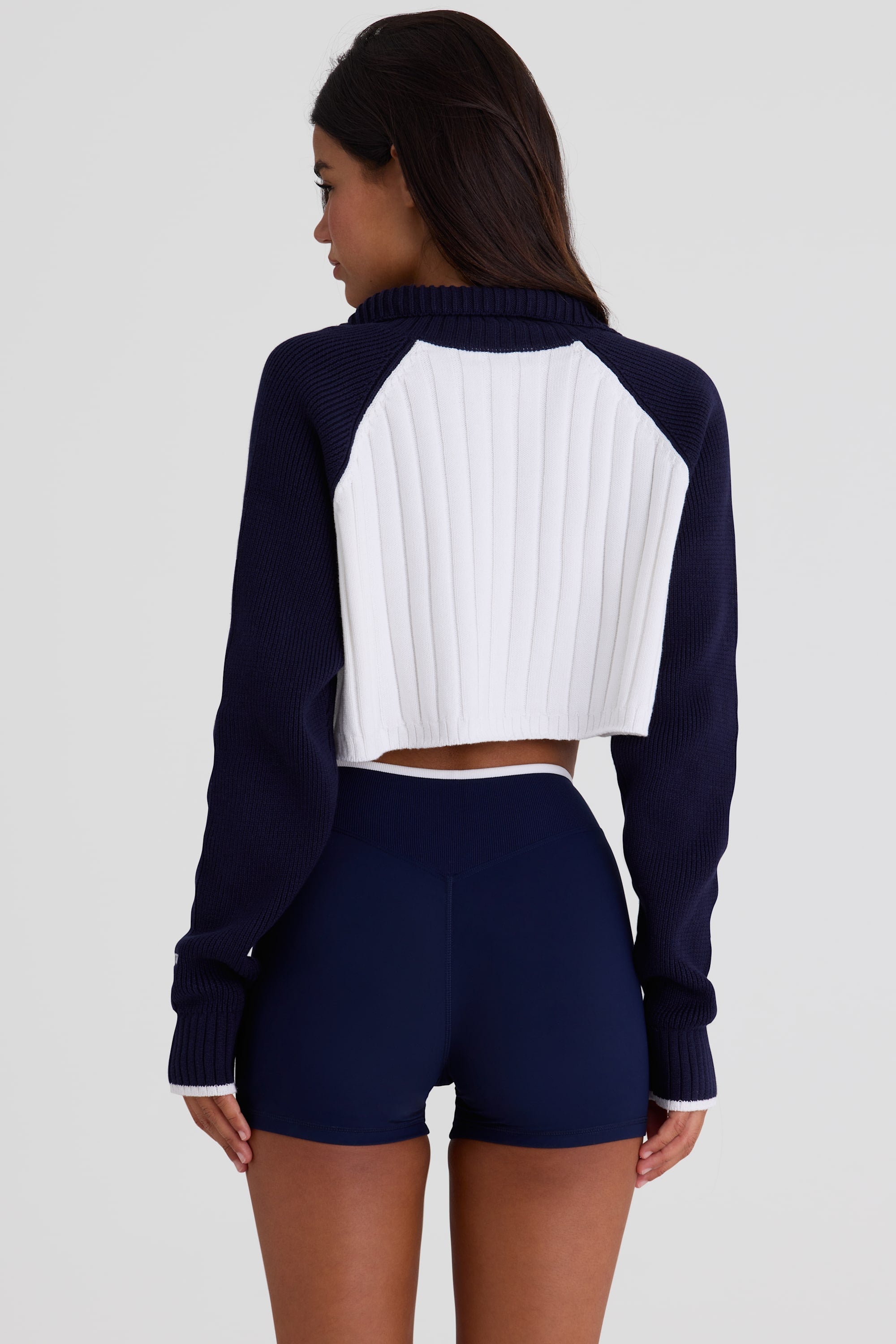 Ribbed Knit Quarter-Zip Cropped Jumper in Midnight - 2