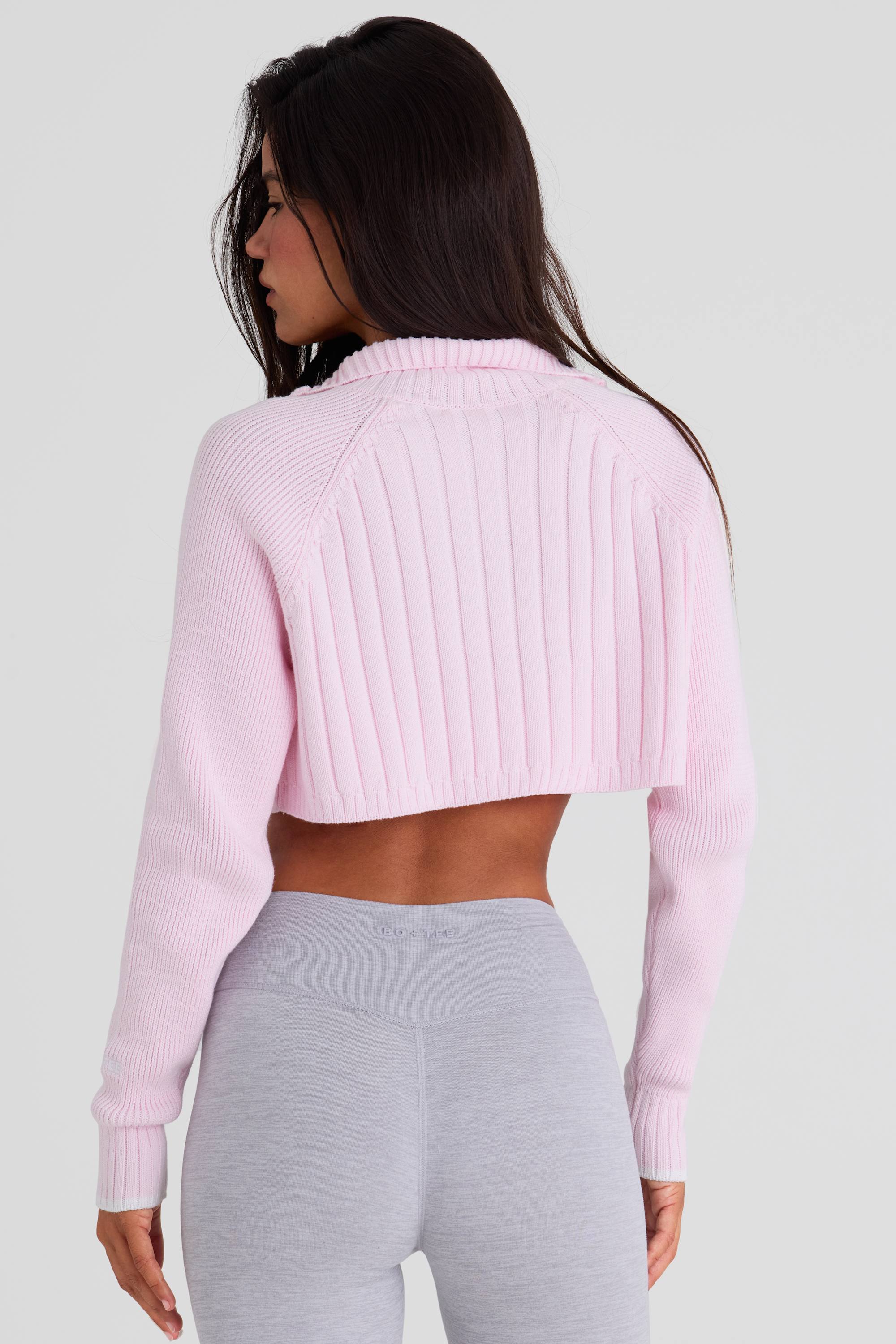 Ribbed Knit Quarter-Zip Cropped Jumper in Powder Pink - 2