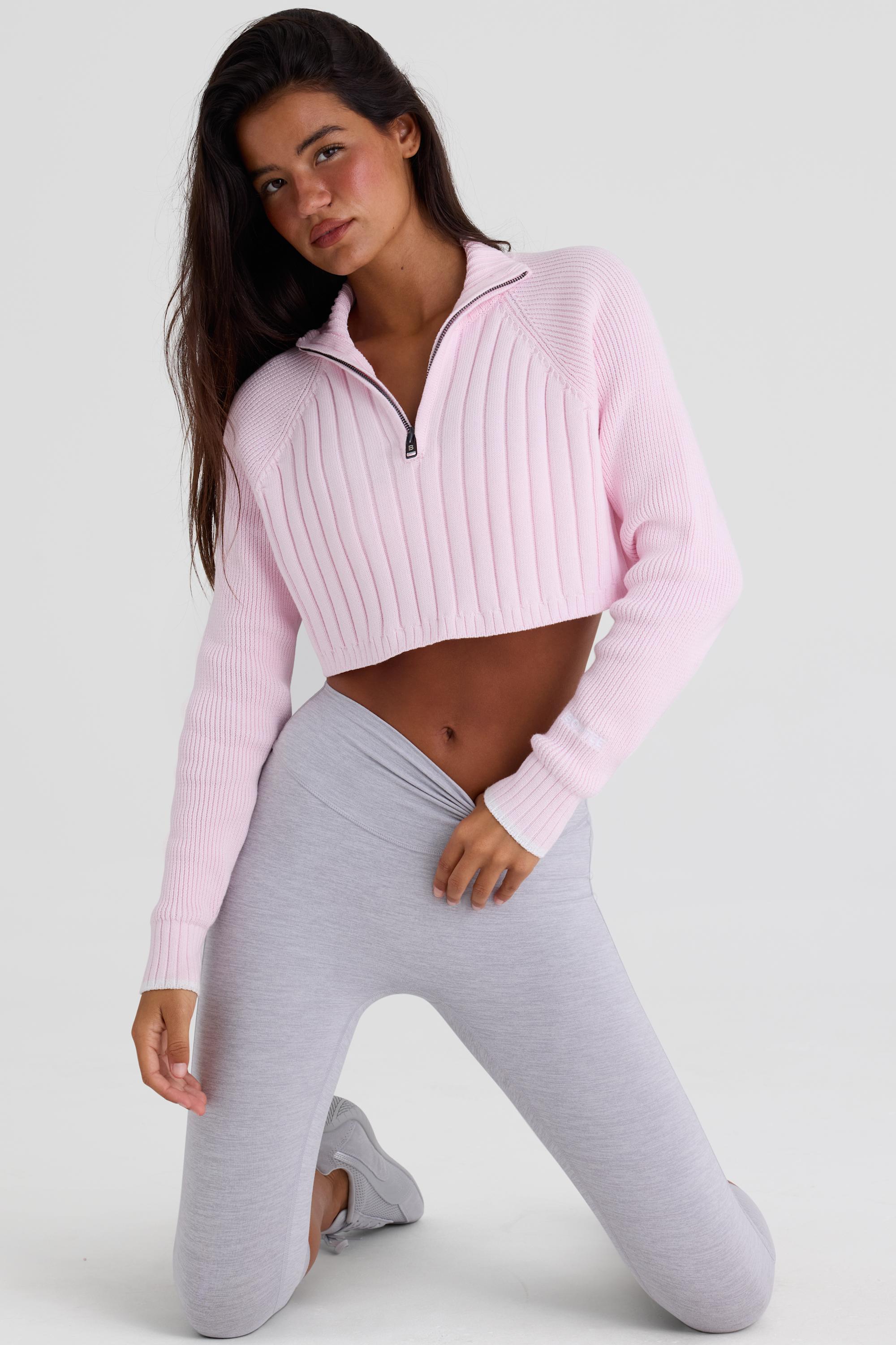Ribbed Knit Quarter-Zip Cropped Jumper in Powder Pink - 1