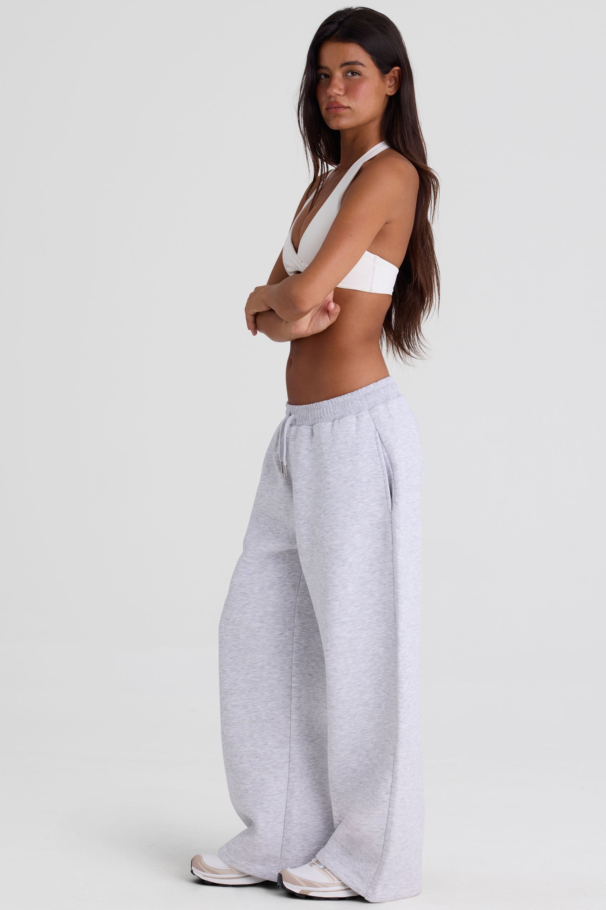 Brushed Jersey Wide-Leg Joggers in Grey Marl